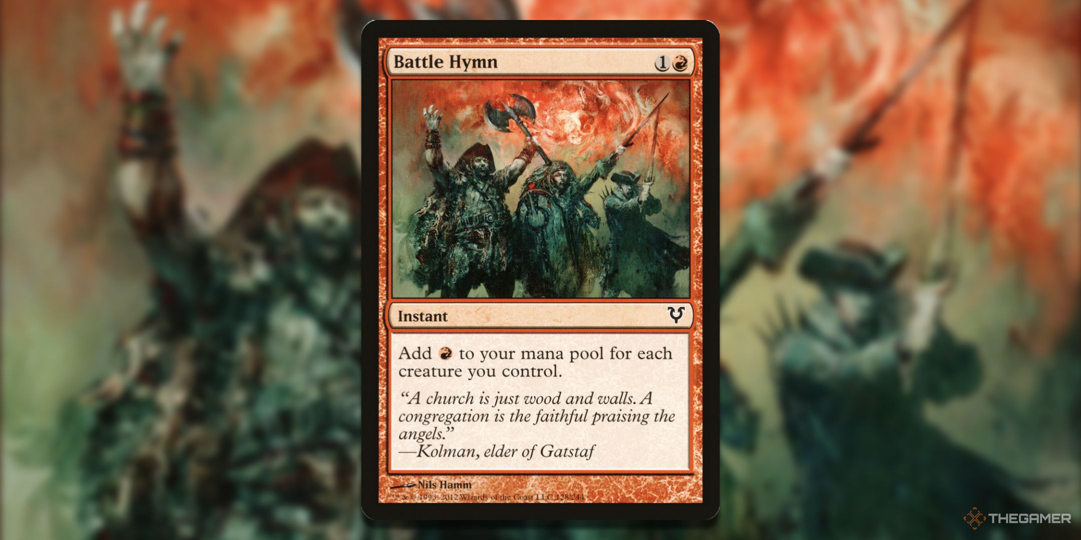 MTG Battle Hymn card with the art in the background.