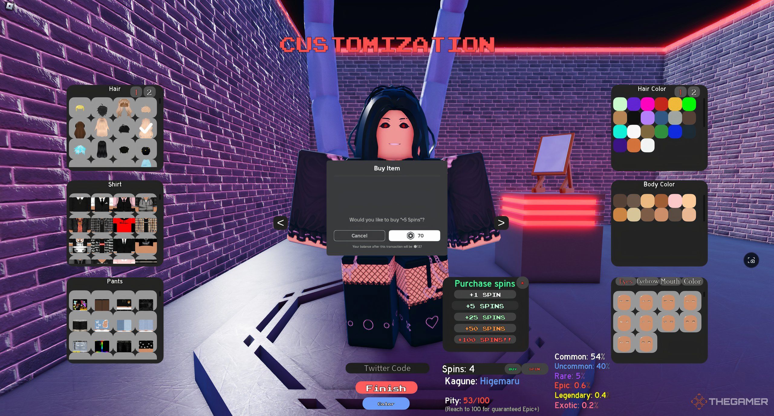 A player buying more spins with robux in Roblox: Project Ghoul.