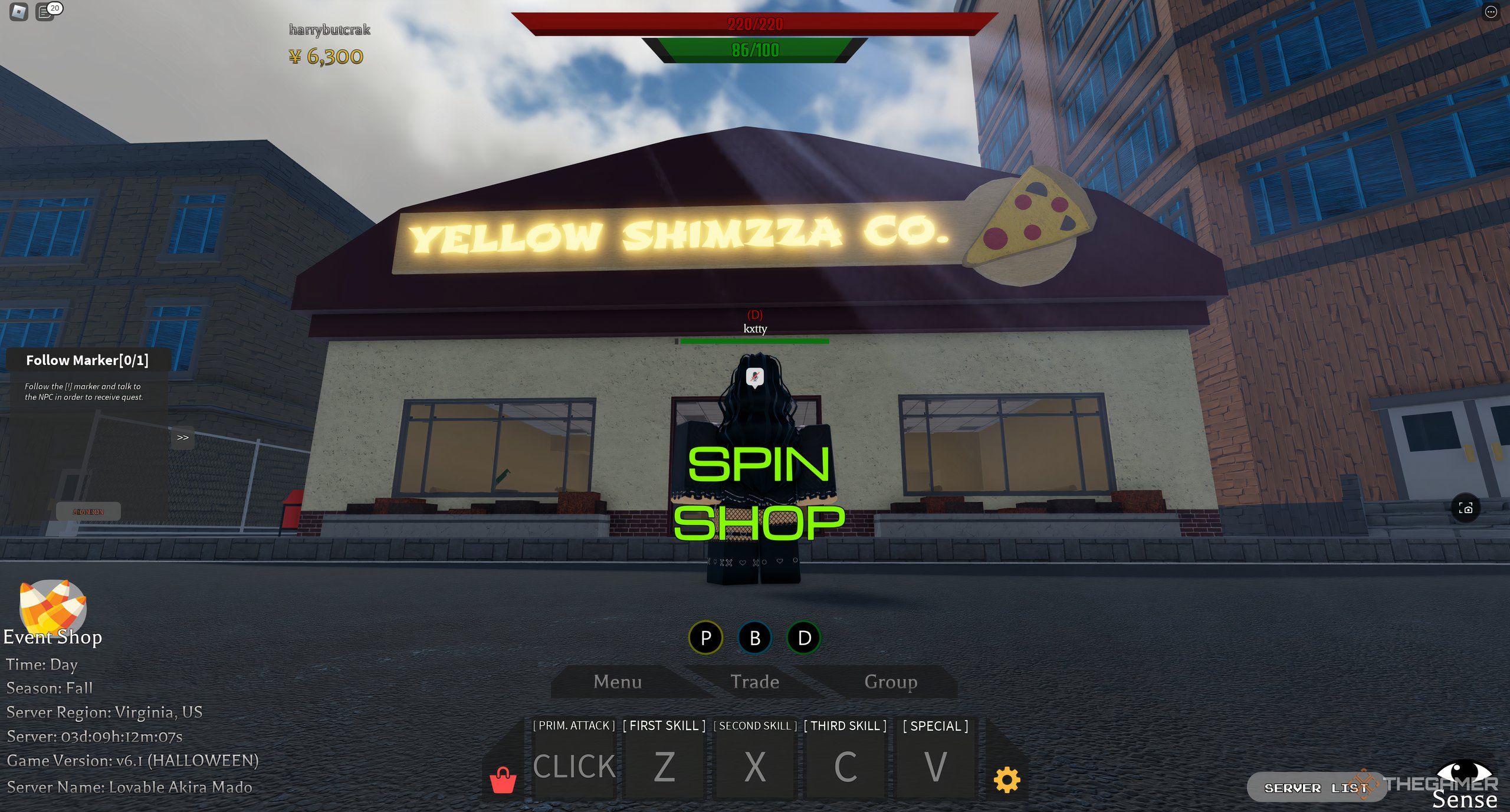 A player standing outside of Yellow Shimzza Co. about to spend yen for spins in Roblox: Project Ghoul..