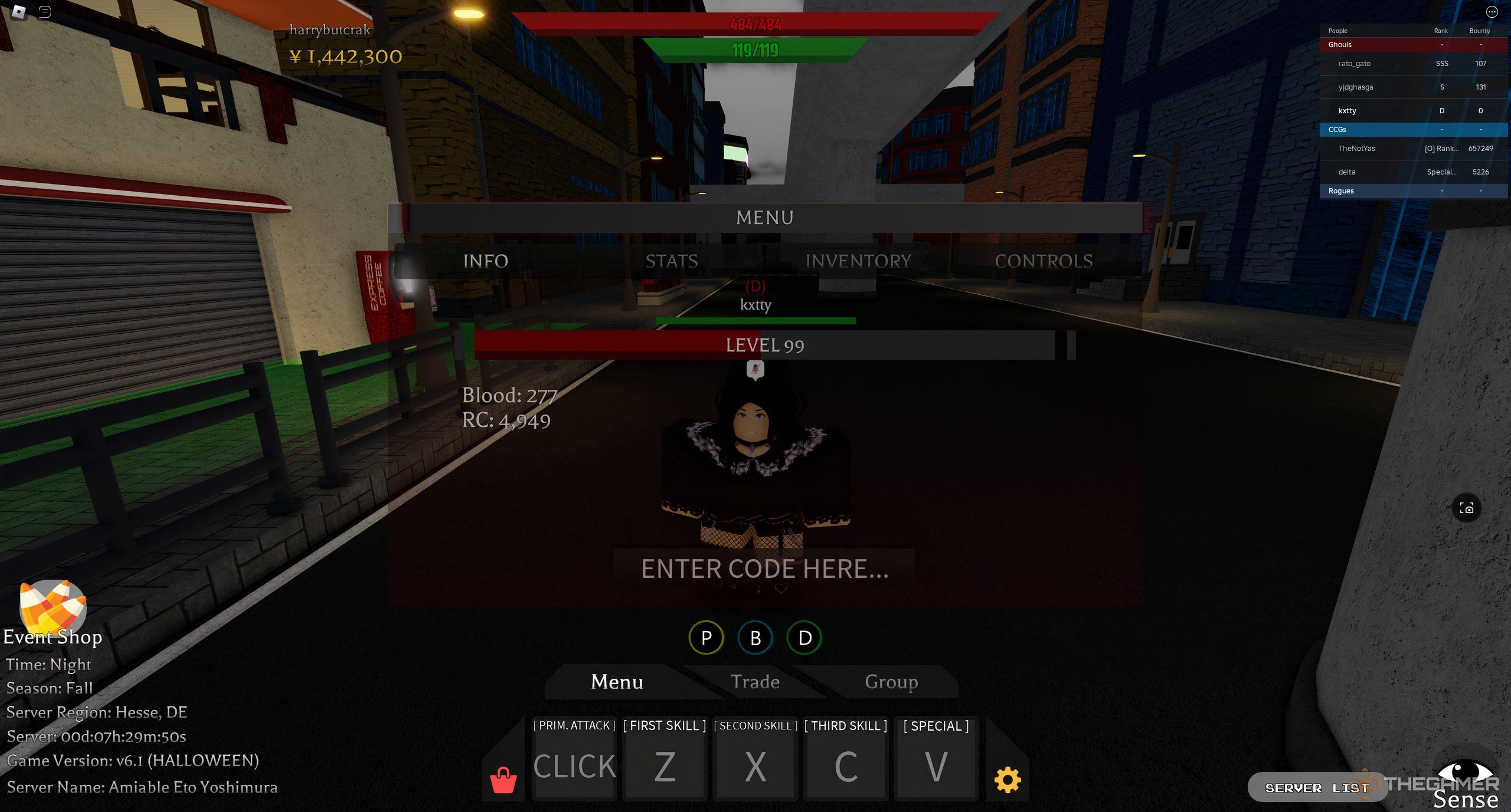 A player about to enter a code on Roblox: Project Ghoul for money and spins.