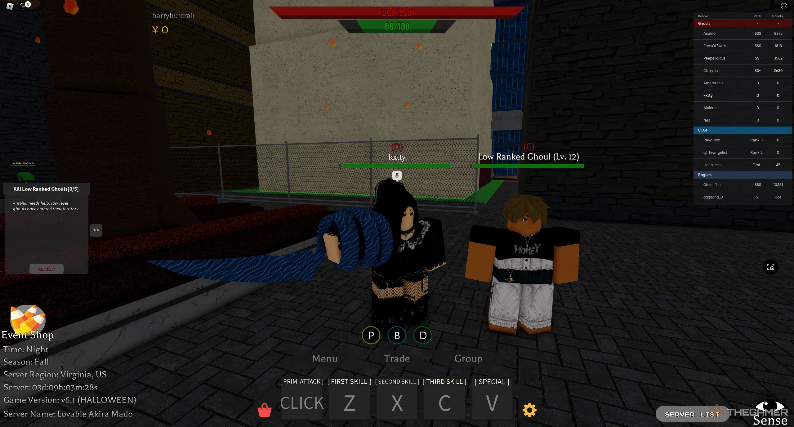 A player about to use their new rare kagune on a low ranked ghoul in Roblox: Project Ghoul.