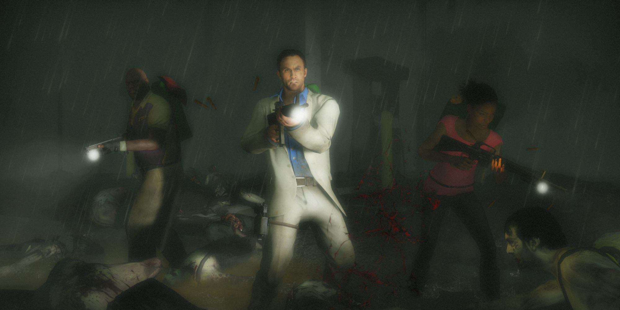 Three survivors in the rain surrounded by dead zombies in Left 4 Dead 2