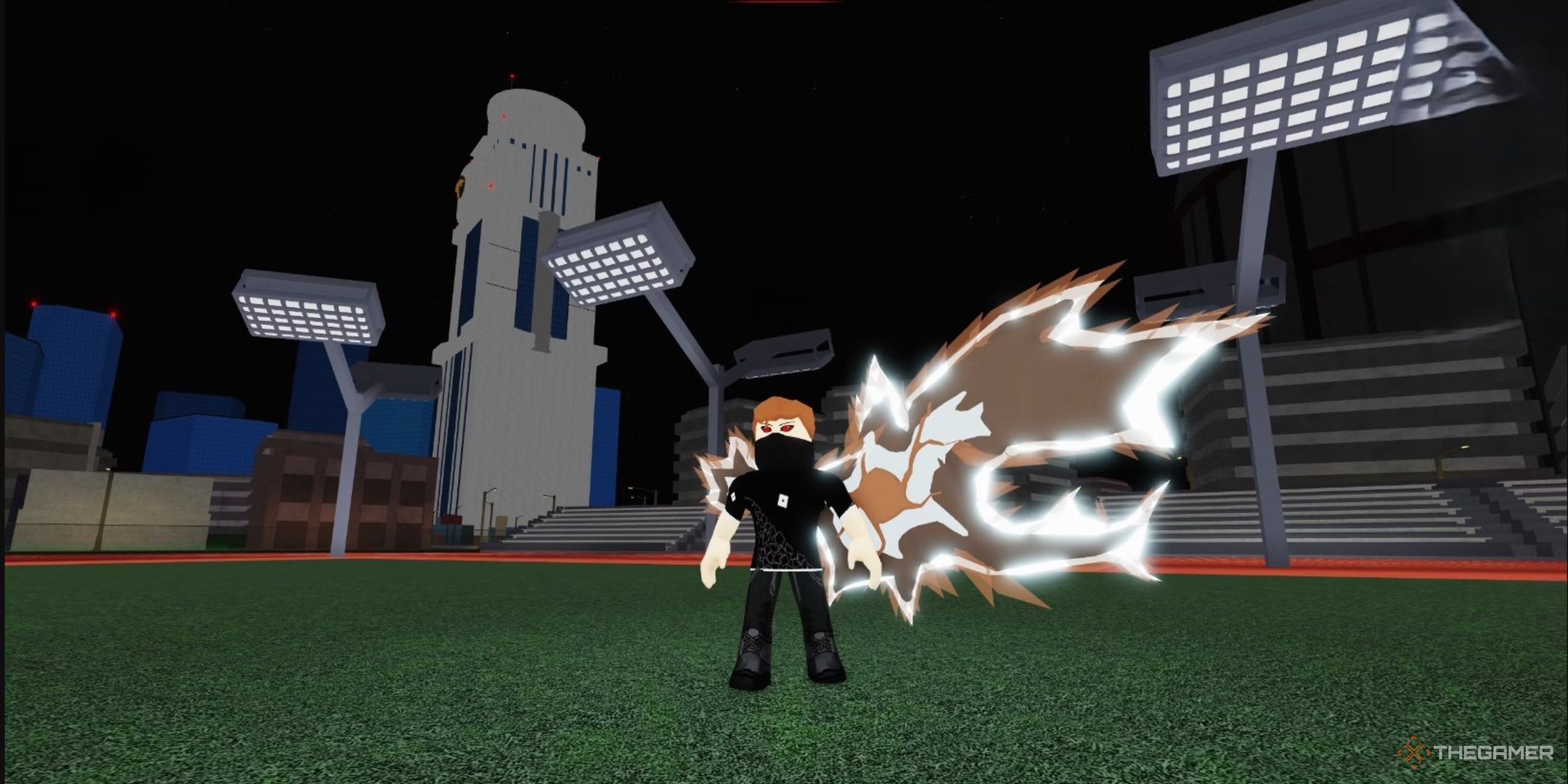 Ghoul character standing in the stadium with his Kagure out in Roblox: Ro-Ghoul.