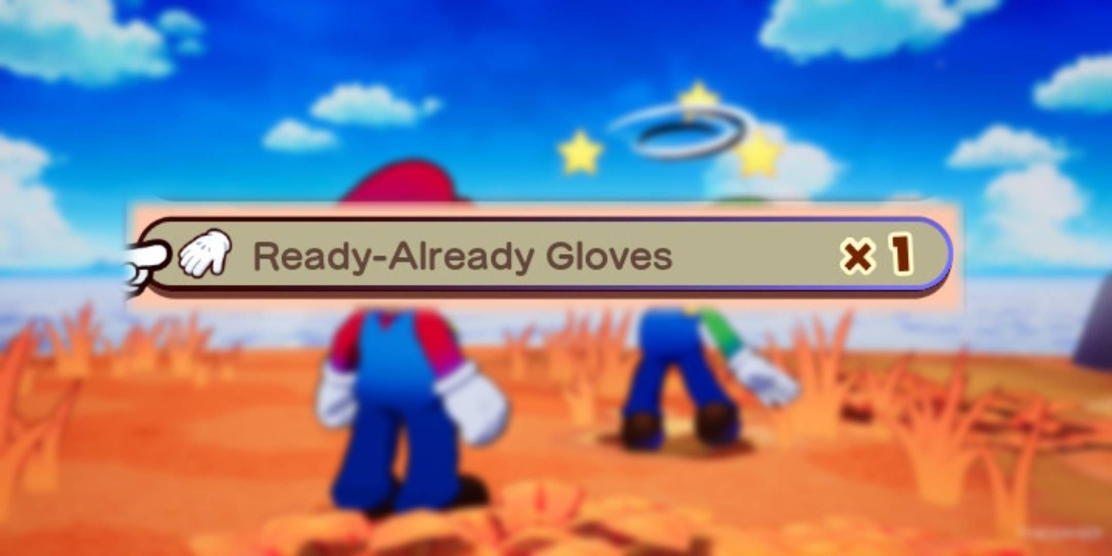 Blurred Mario & Luigi Brothership background with unblurred Ready-Already Gloves icon.