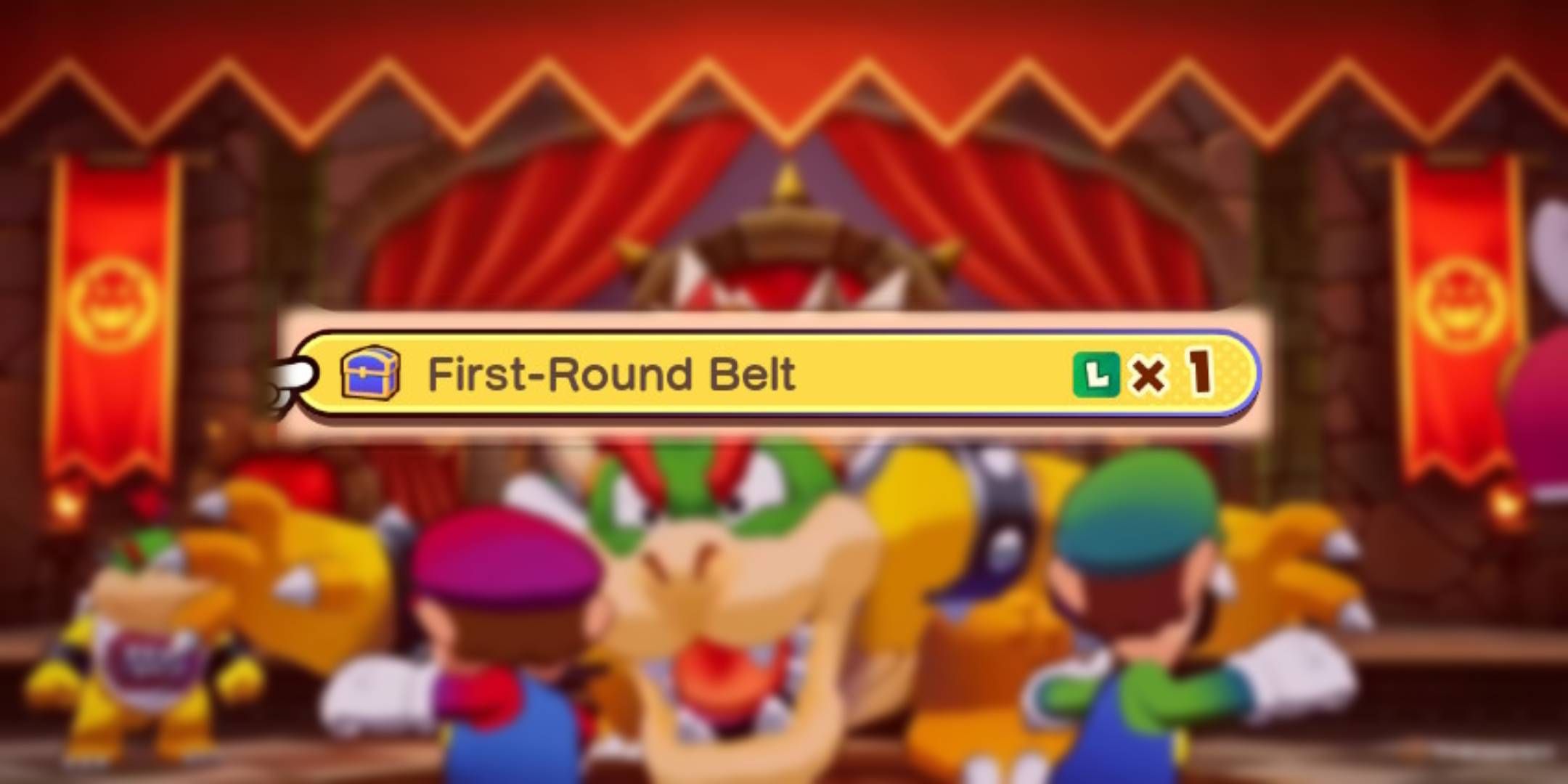 Blurred Mario & Luigi Brothership background with unblurred First-Round Belt icon.