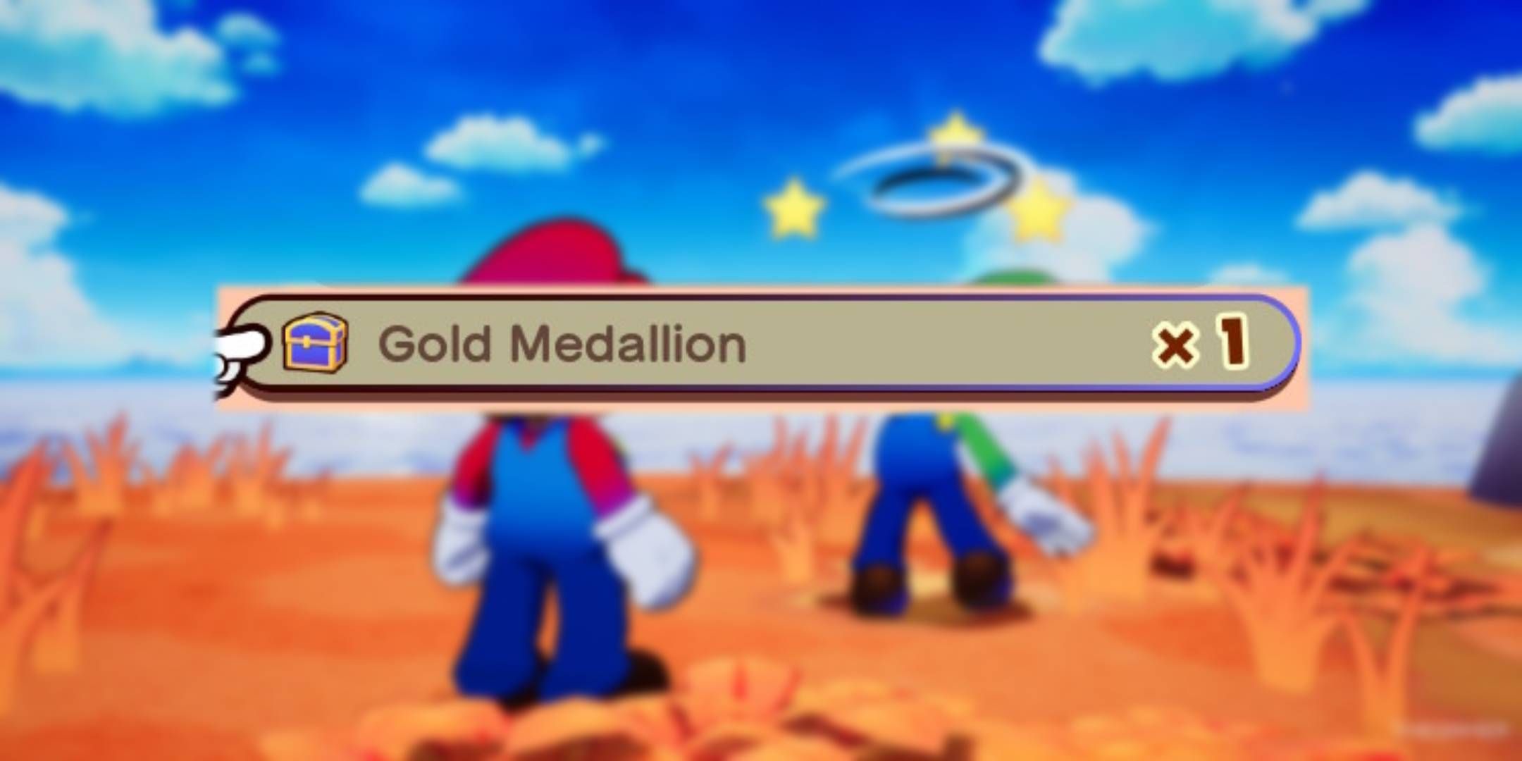 Blurred Mario & Luigi Brothership background with unblurred Gold Medallion icon.