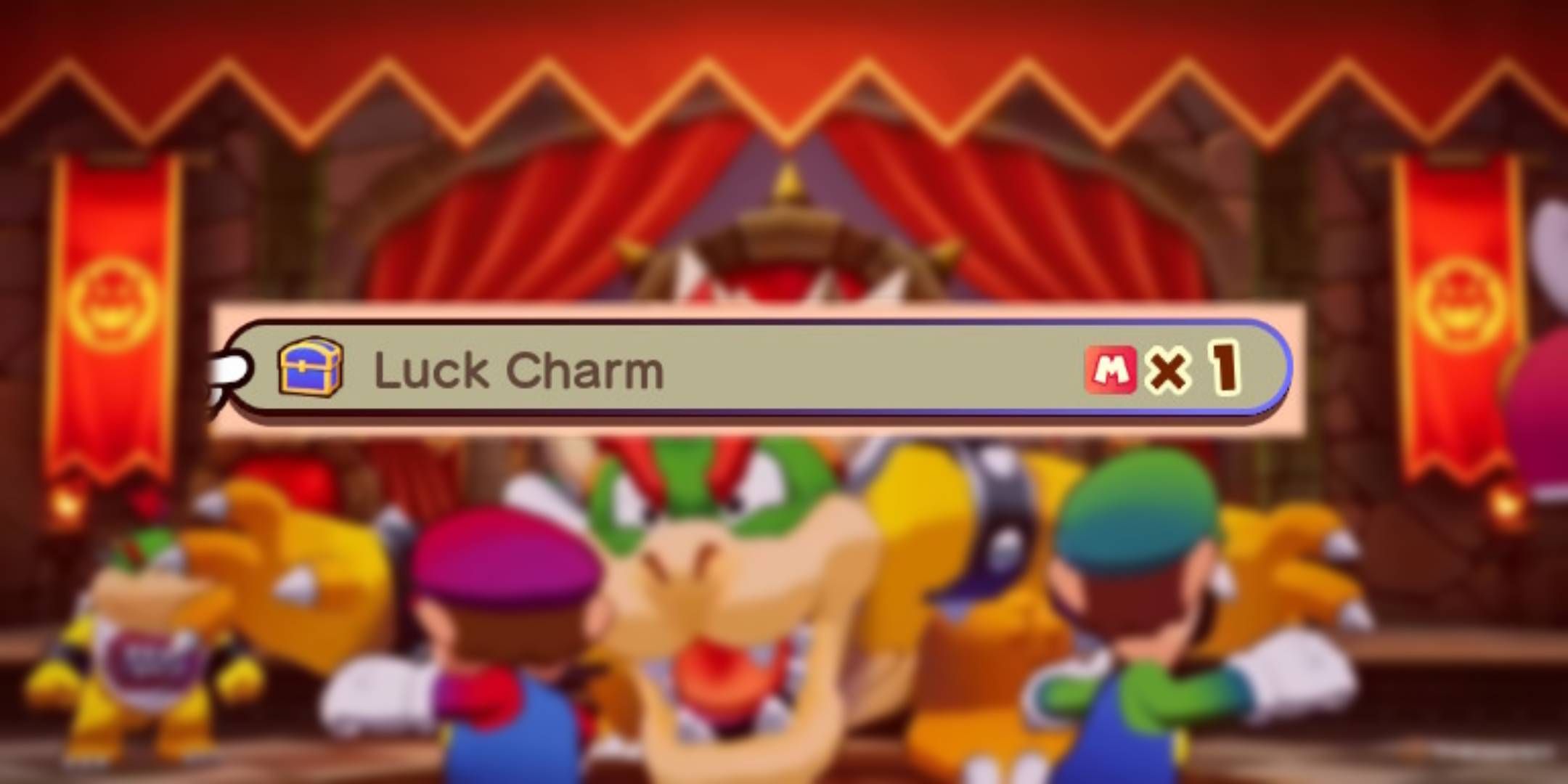 Blurred Mario & Luigi Brothership background with unblurred Luck Charm icon.