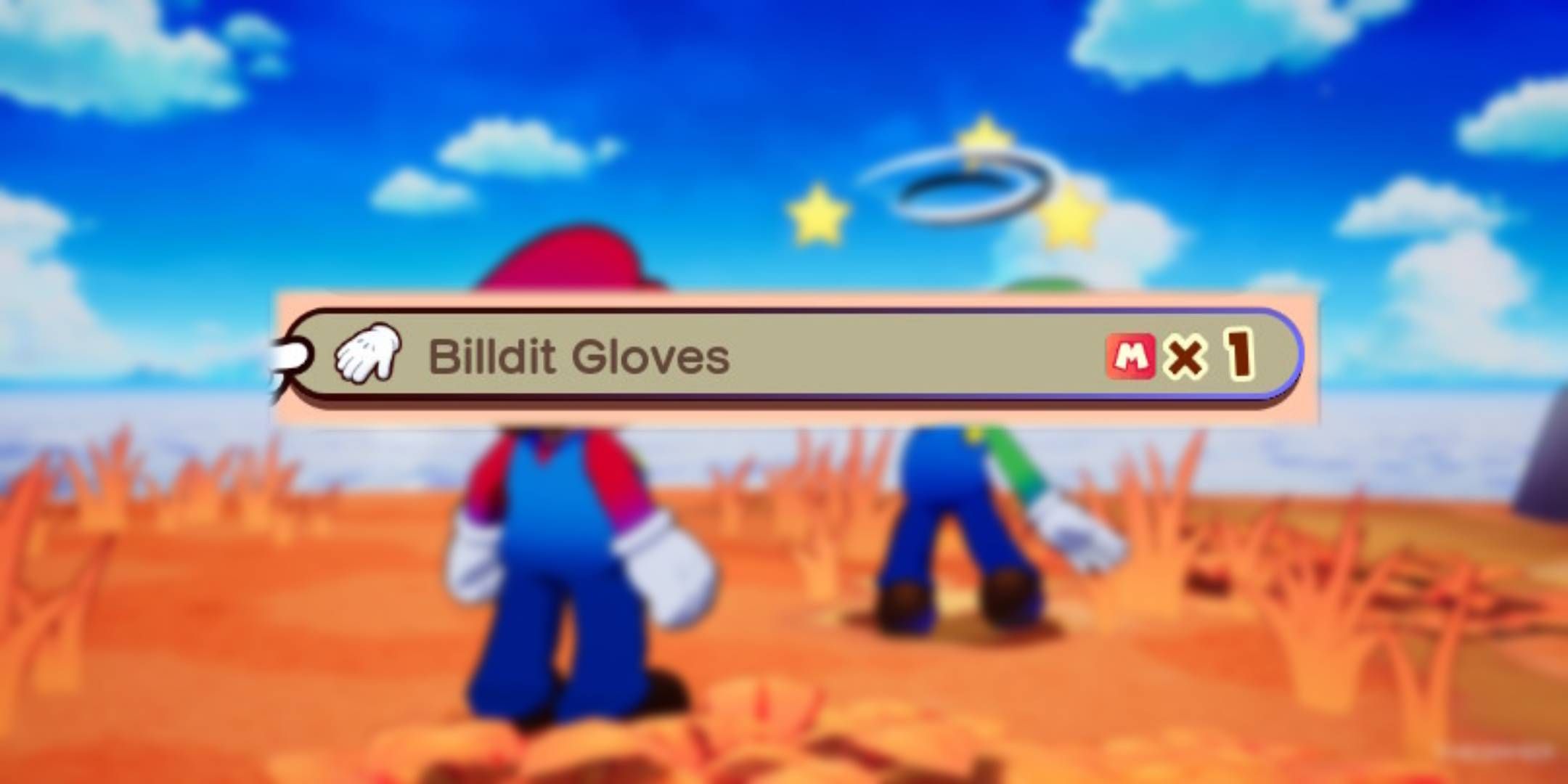 Blurred Mario & Luigi Brothership background with unblurred Bildit Gloves icon.