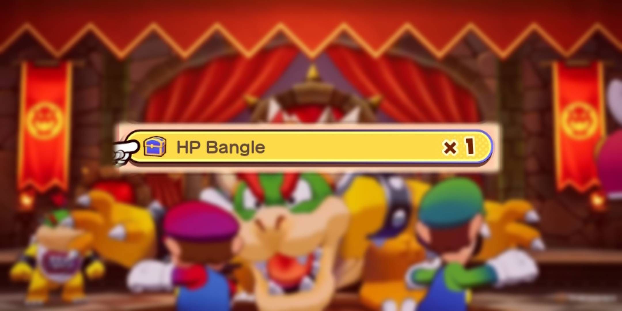 Blurred Mario & Luigi Brothership background with unblurred HP Bangle icon.