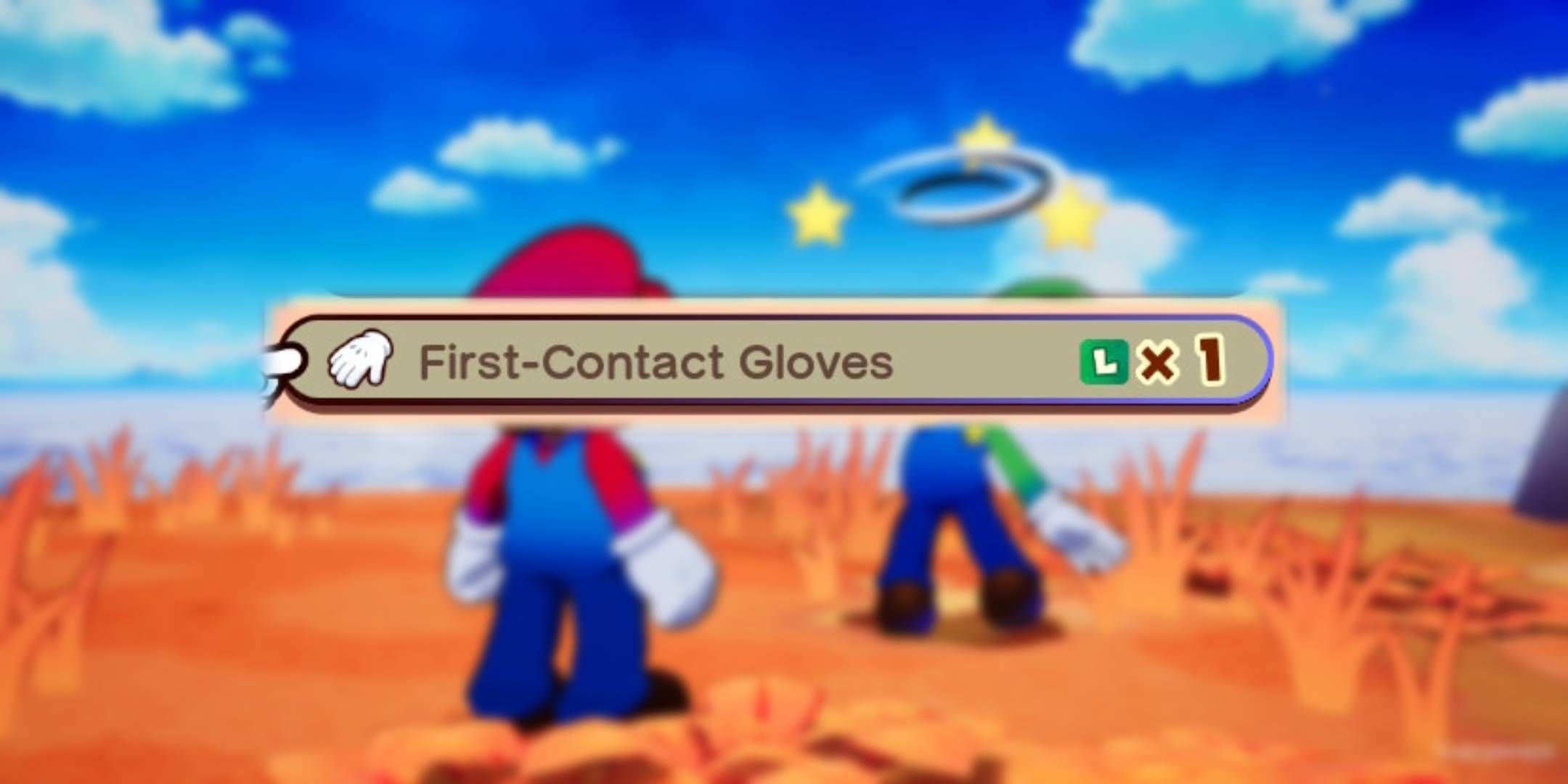 Blurred Mario & Luigi Brothership background with unblurred First-Contact Gloves icon.