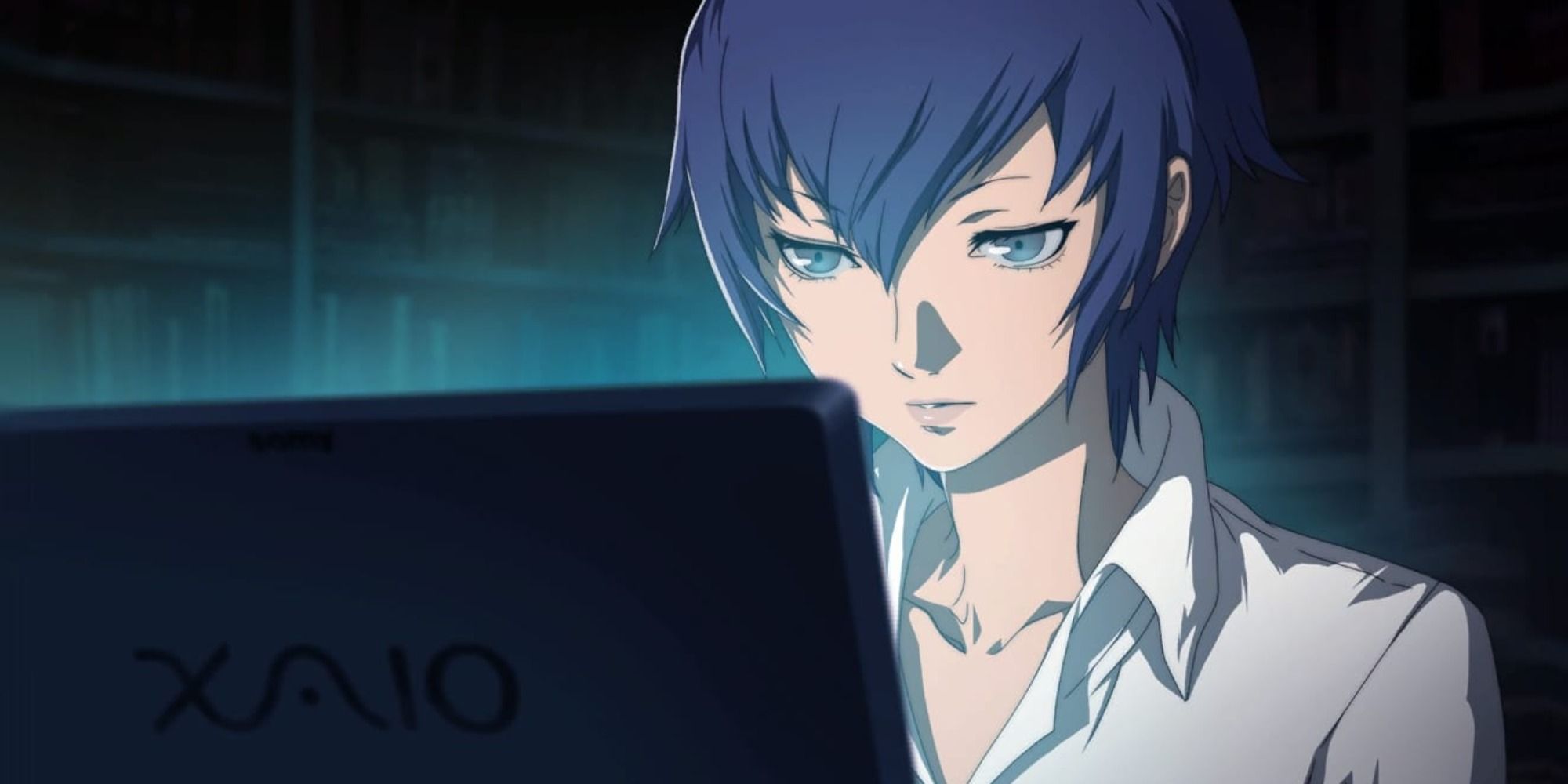 Naoto Shirogane from Persona 4 Golden working on a laptop in a dark library.