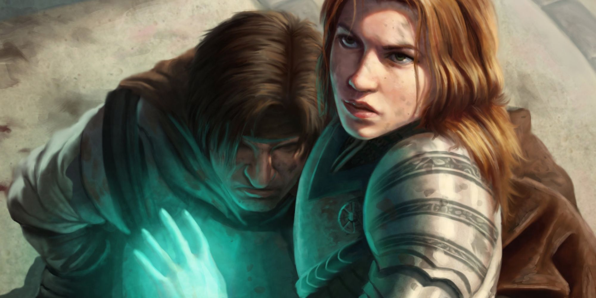 A cleric with a glowing hand placed on her companion as she helps him up from Dungeons and Dragons.