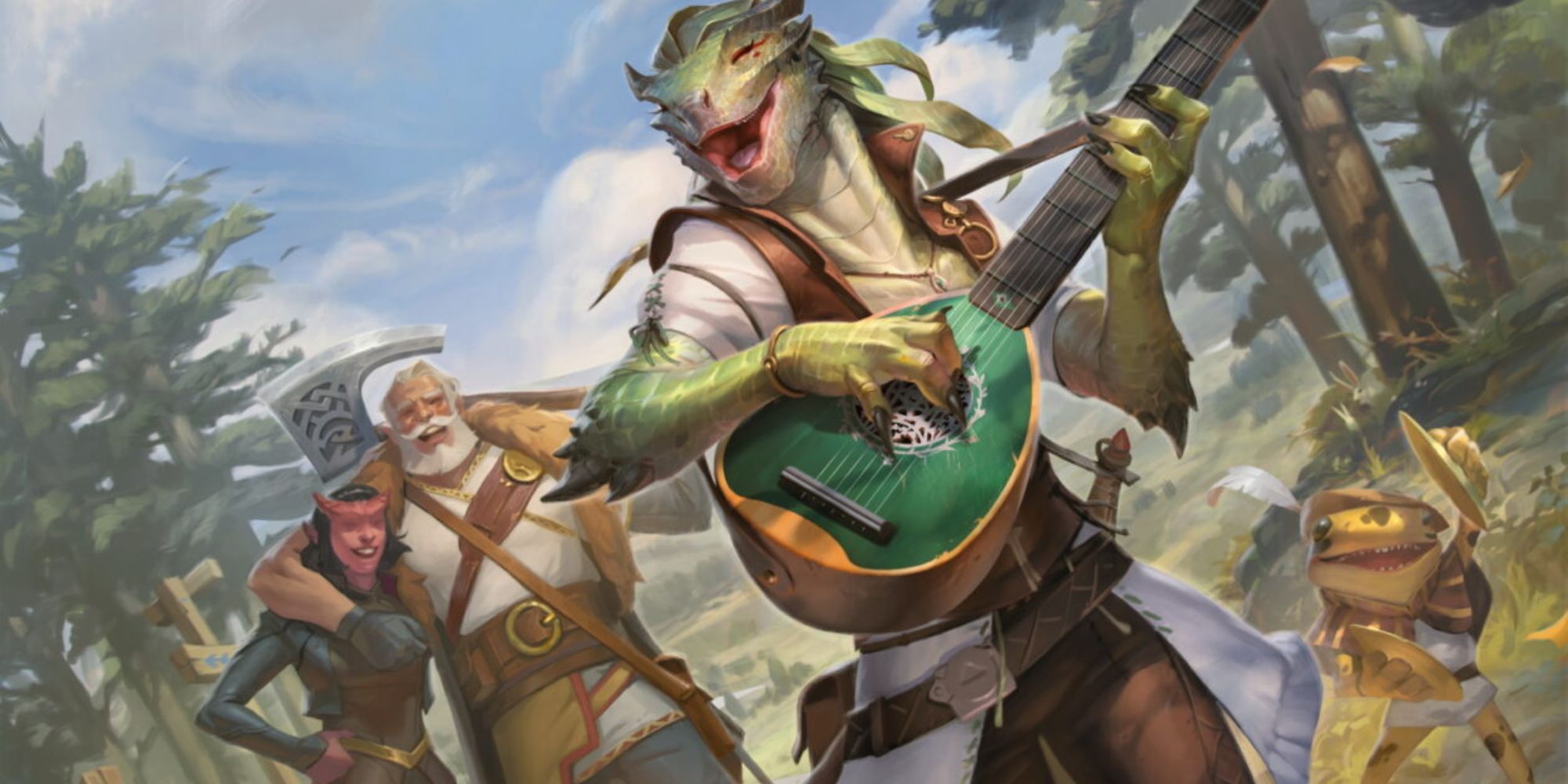 A lizardfolk bard playing instrument and singing for friends.