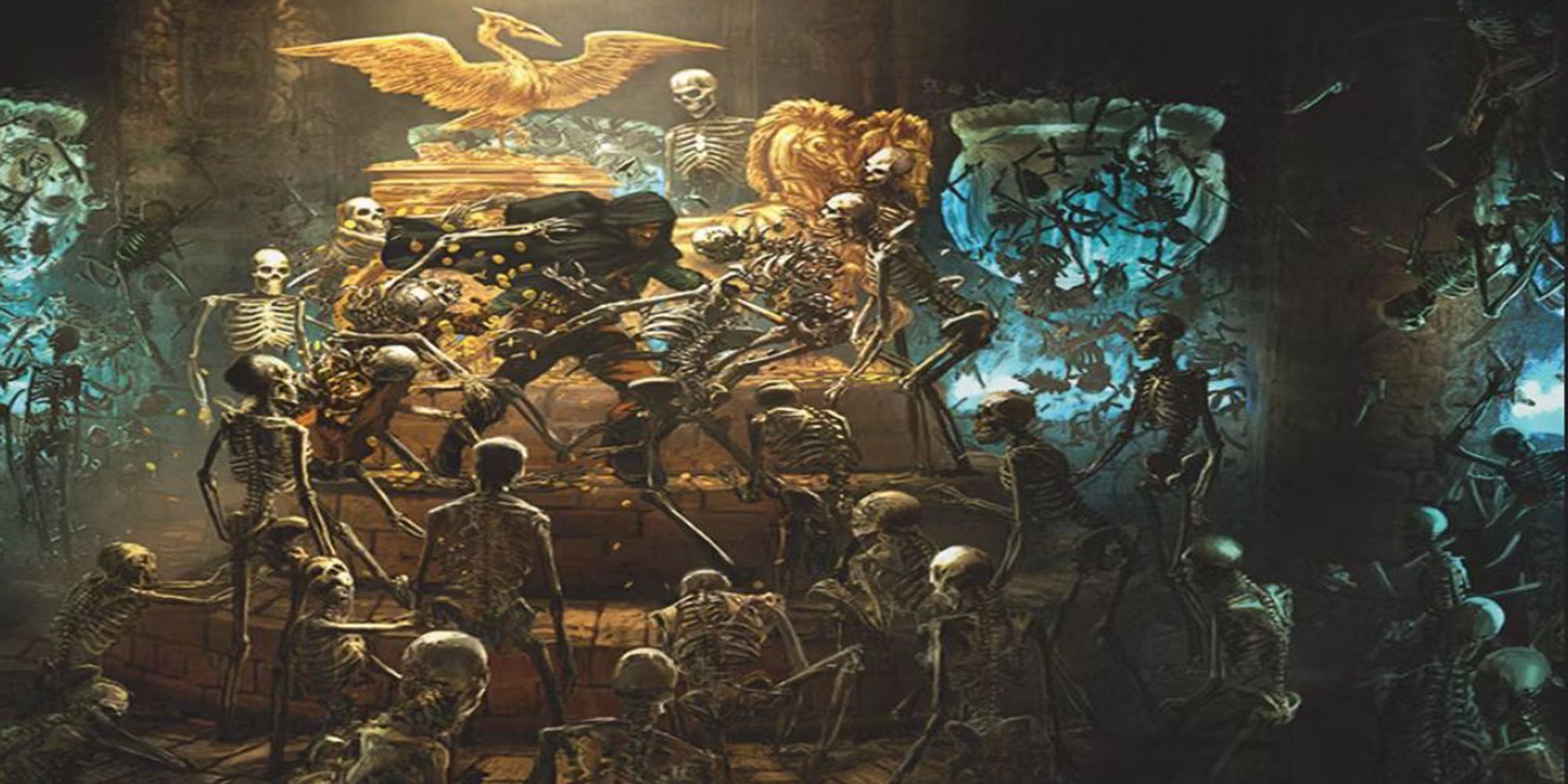 Dungeons & Dragons art of a cloaked adventurer fighting off a horde of skeletons.