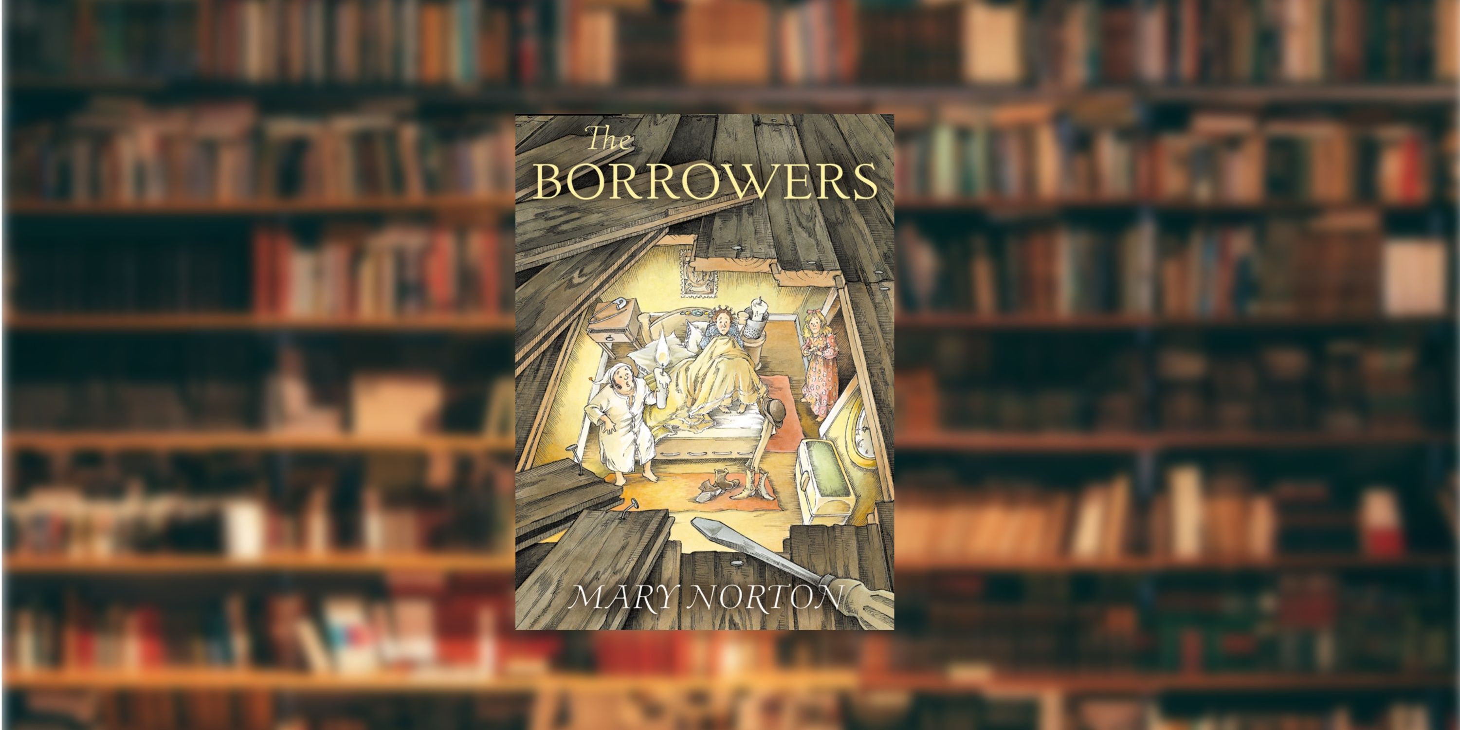 The Borrowers book in front of a library background. 