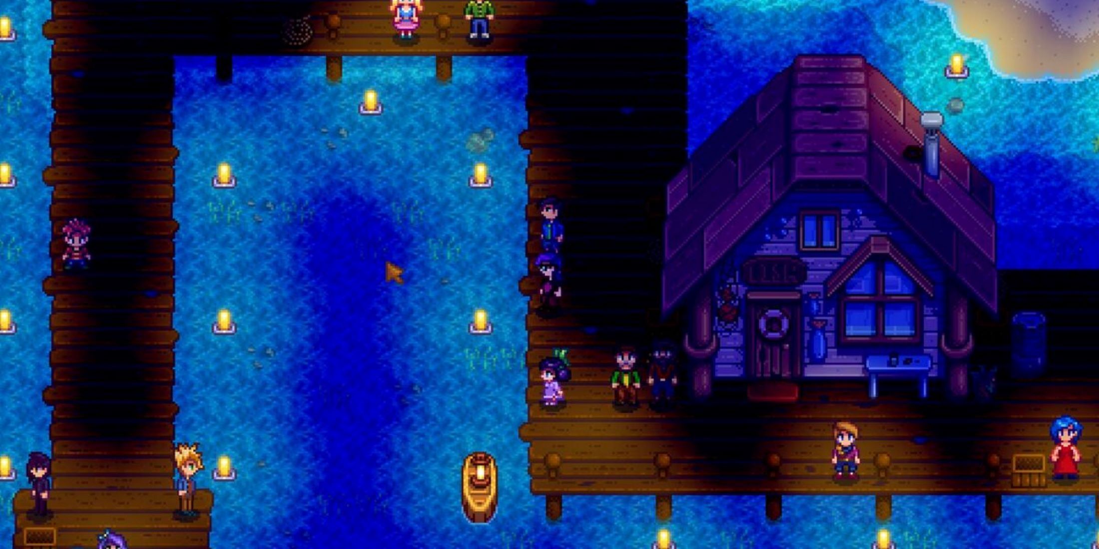 Stardew Valley Dance of the Moonlight Jellies, people standing on a dark at night with lanterns floating in the sea