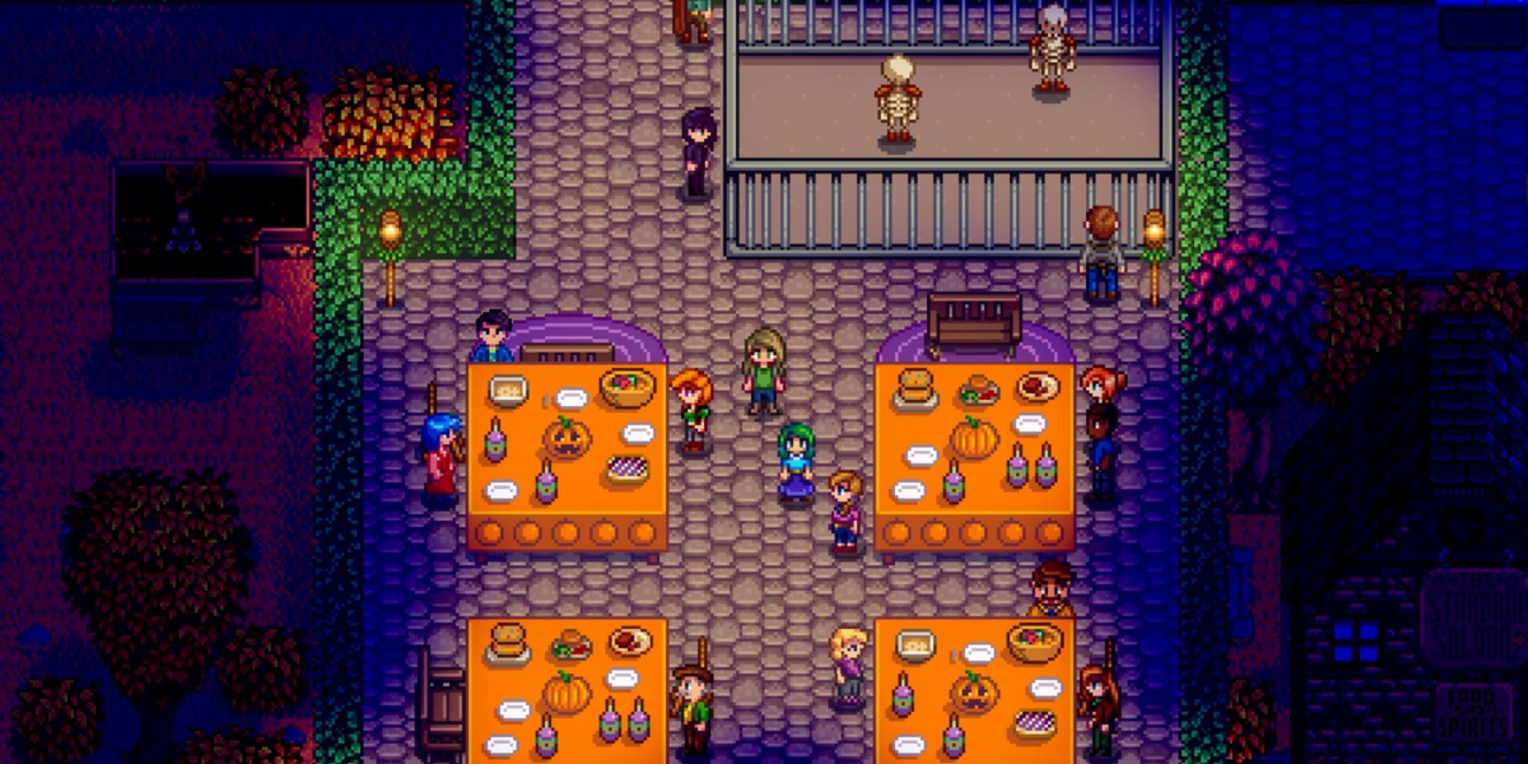 Stardew Valley Spirit's Eve, orange tables and spooky skeletons wandering around Pelican Town square