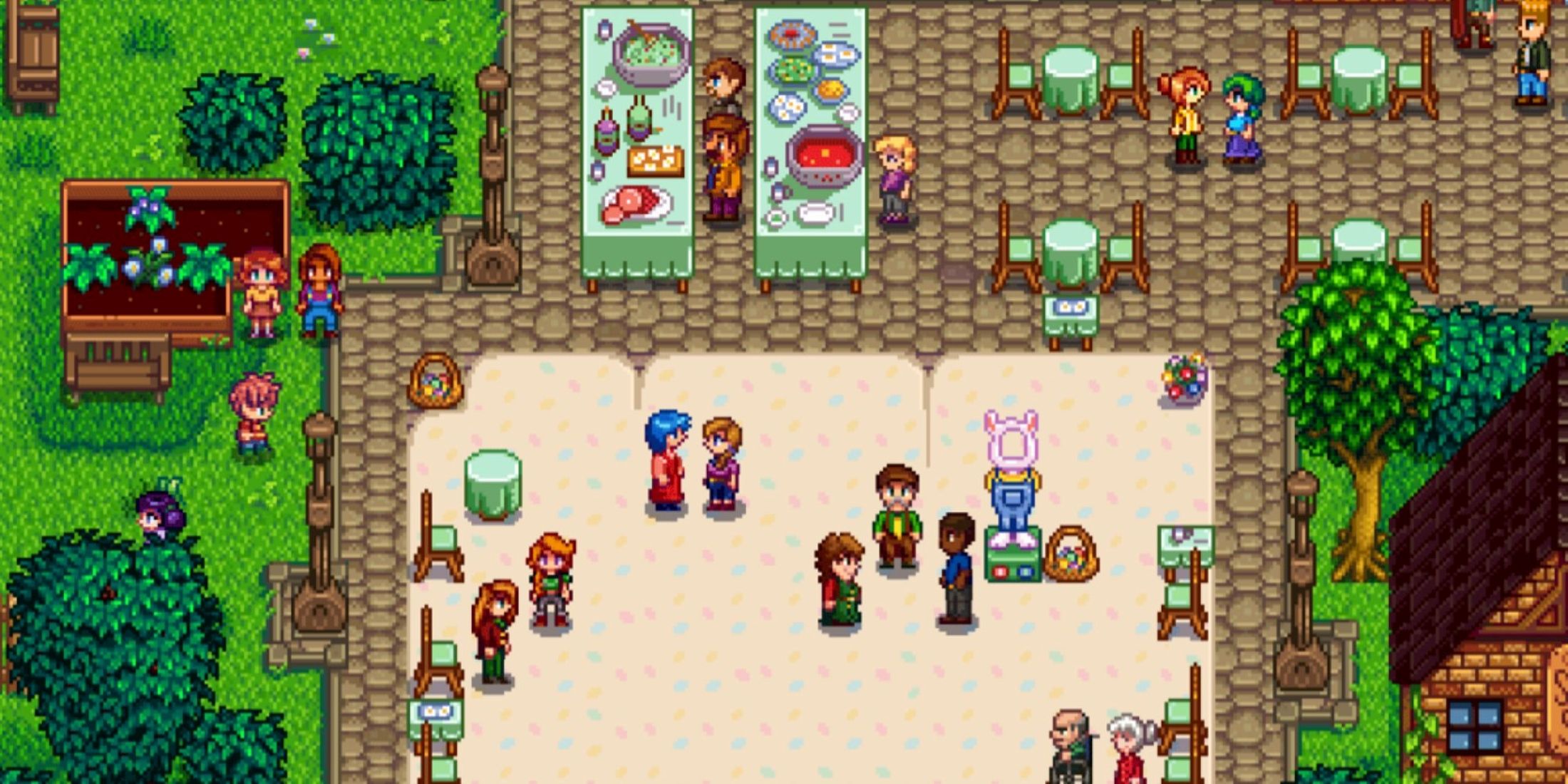 Stardew Valley Egg Festival, villagers stood around chatting near an easter bunny style cutout