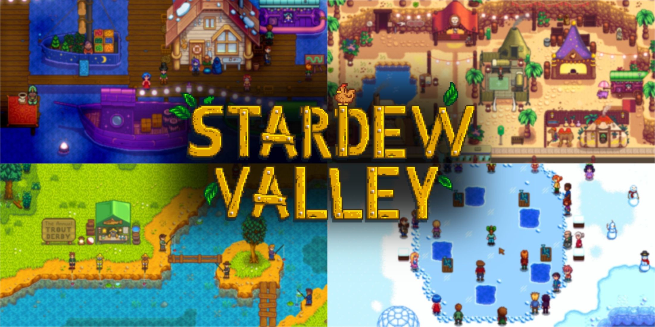 night market, desert festivel, trout derby and festival of ice with stardew logo at the front of the images