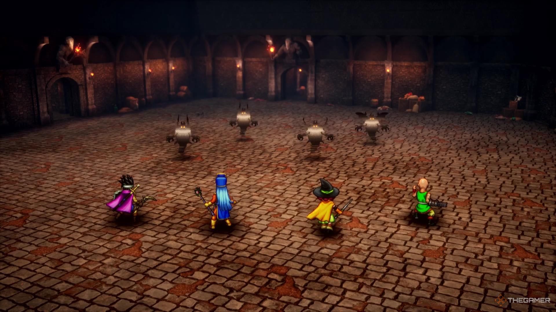 A Hero, a Priest, a Mage, and a Martial Artist fight a group of Shades in Kidnapper's Cave in Dragon Quest 3 Remake.