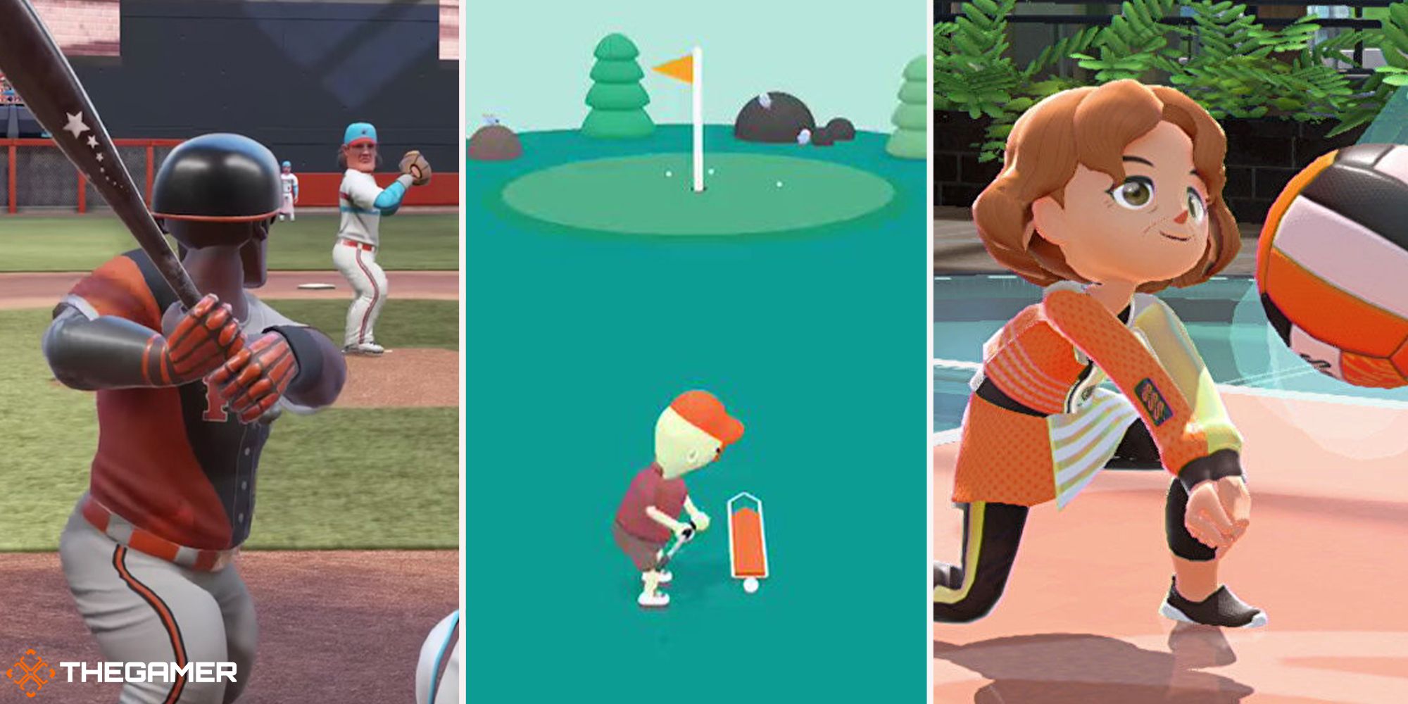 Kids Sports Games (Super Mega Baseball 3 on left, Nintendo Switch Sports on right, What The Golf in centre)