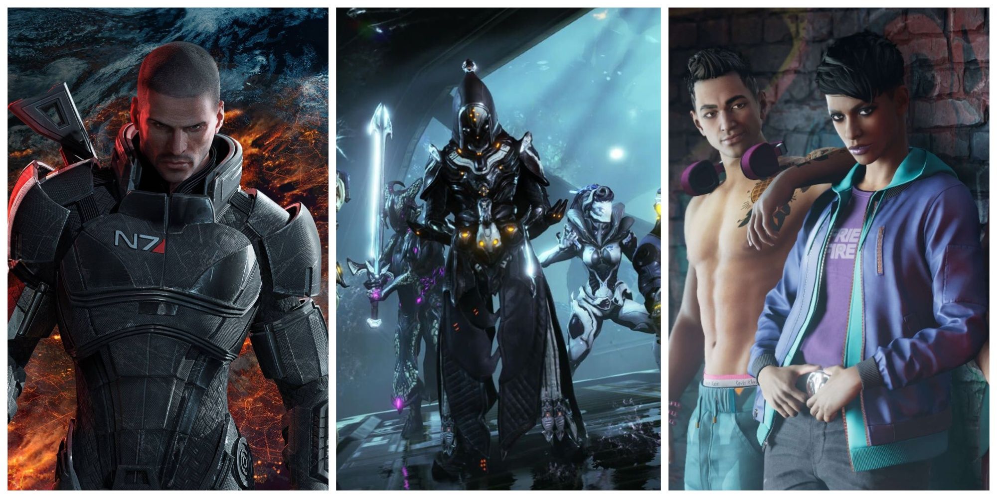 A collage of Warframe characters, Commander Shepard, and Saints Row characters 