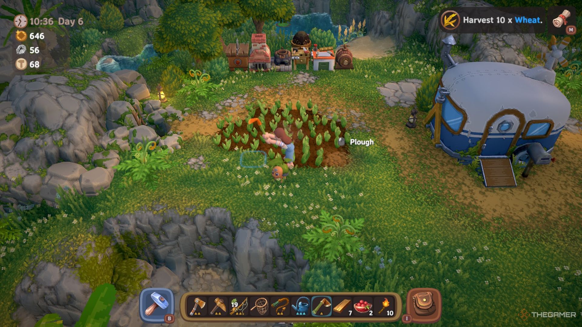 Player character ploughing a field while many Wheat plants are growing nearby in Luma Island.