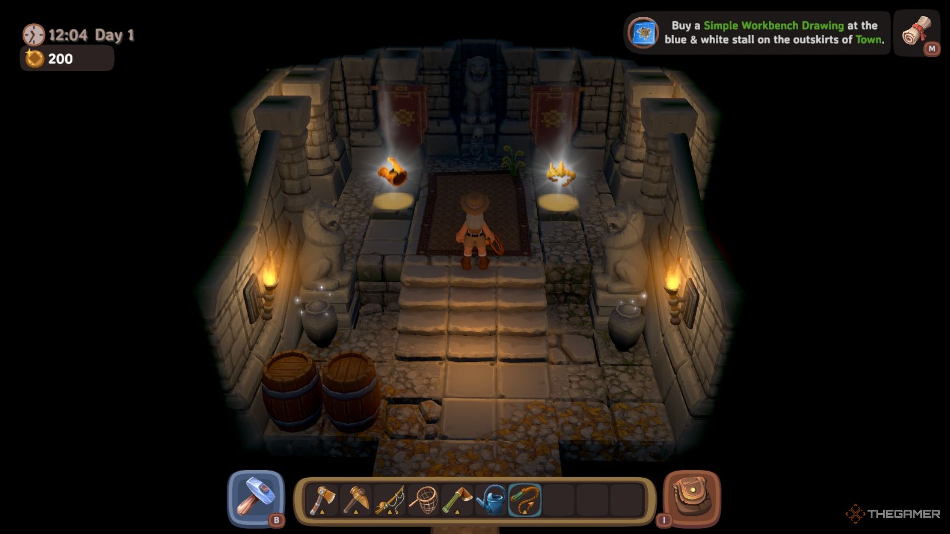 Player character inside a secret room in the Ancient Farm Temple with relics inside in Luma Island.