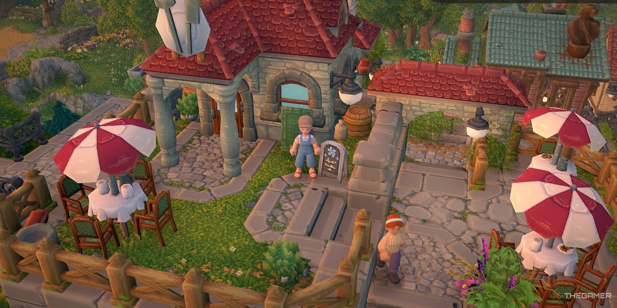 Player character standing by the entrance to the town restaurant in Luma Island.