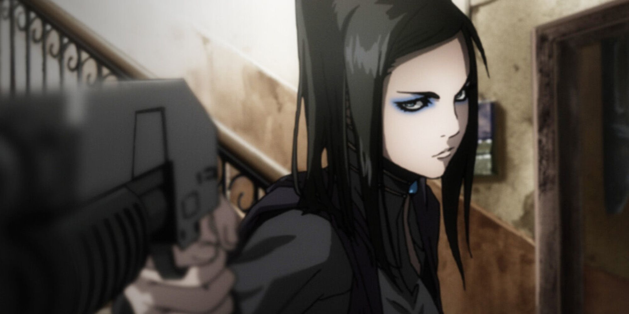 ergo proxy anime character aiming a gun