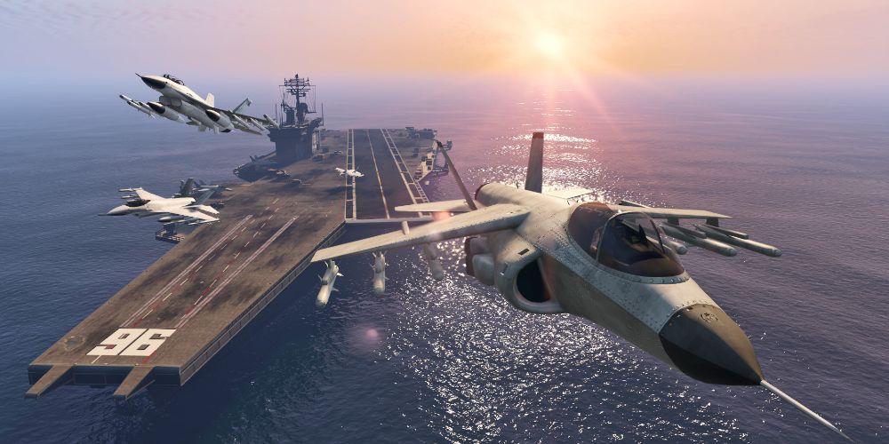 GTA Online players escaping the aircraft carrier using fighter jets.