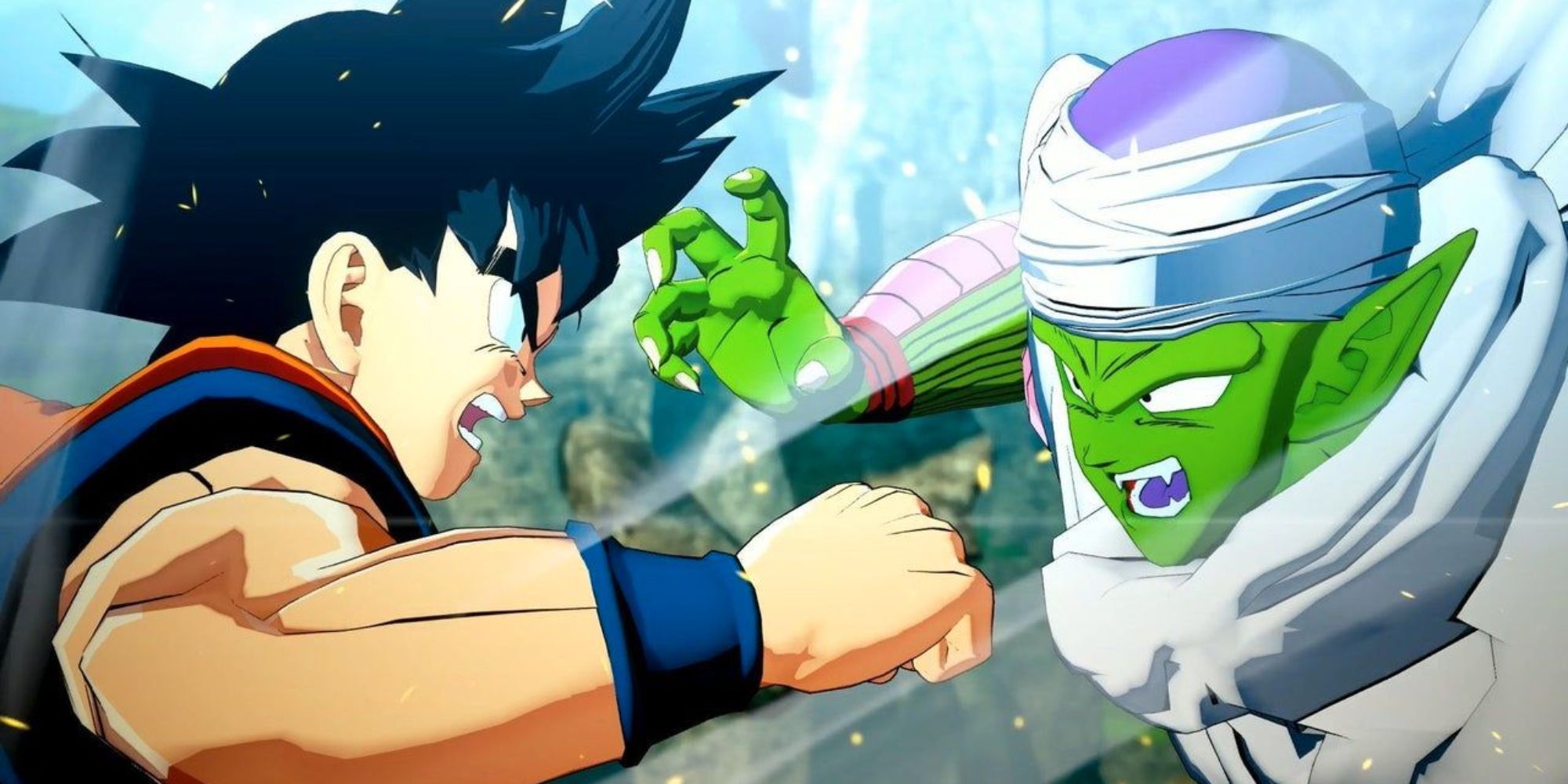 Goku and Piccolo prepare to trade punches, inches away from each other.