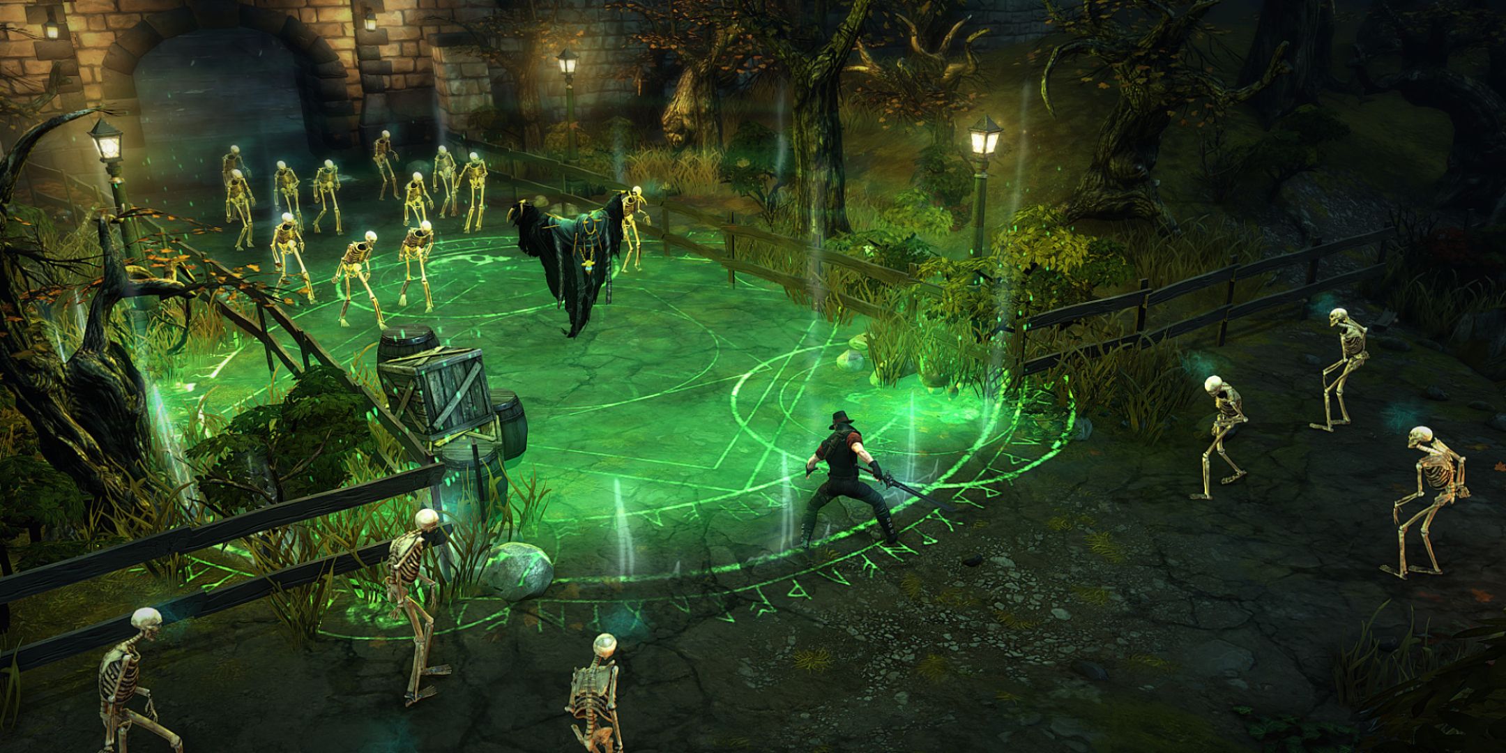 Victor Vran ARPG character facing a group of skeletons.