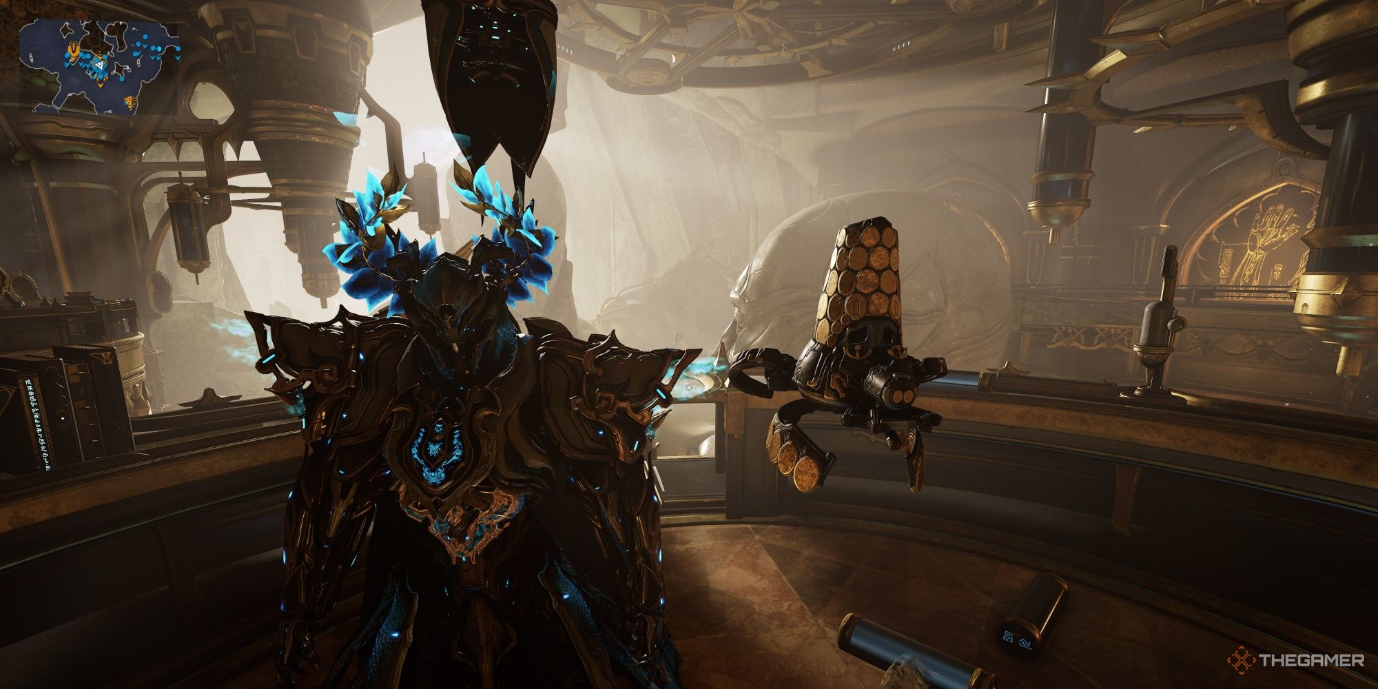 Warframe scrreenshot of Gauss standing near Necraloid.