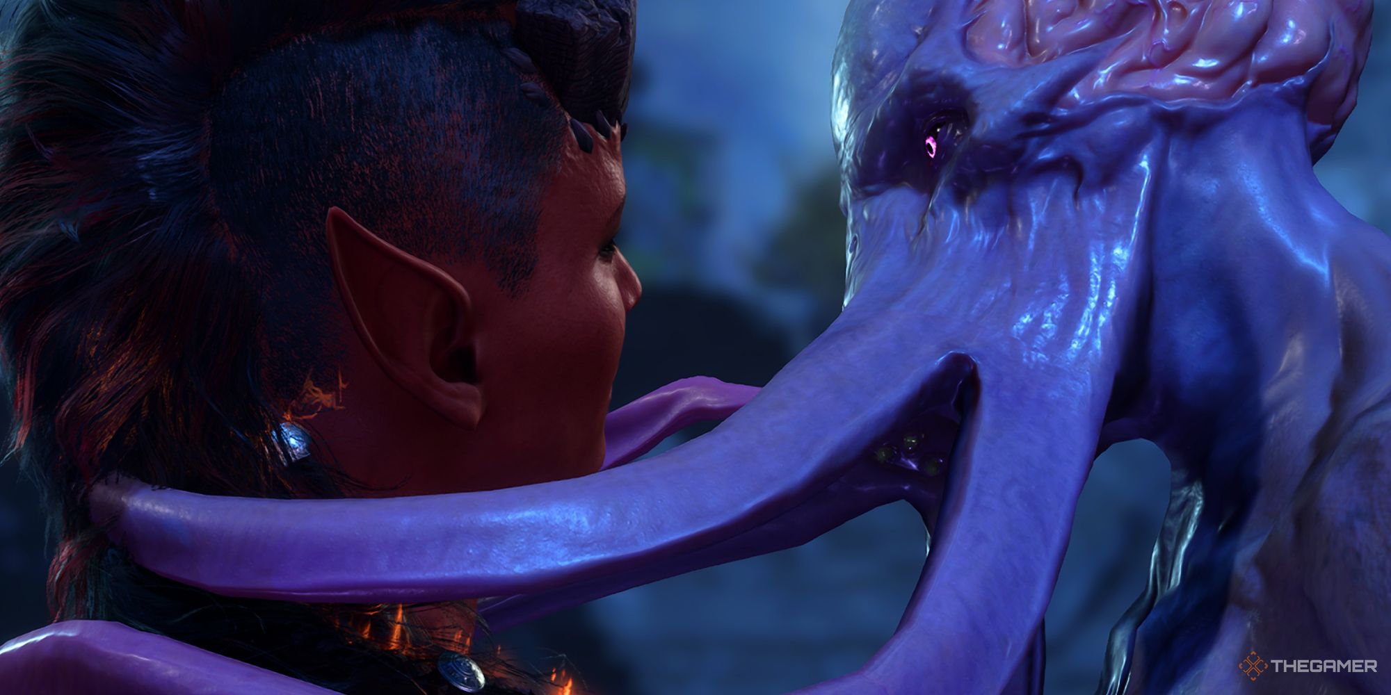 Baldurs Gate 3 Karlach and The Emperor, a mind flayer, leaning into a kiss as his tentacles wrap around her.