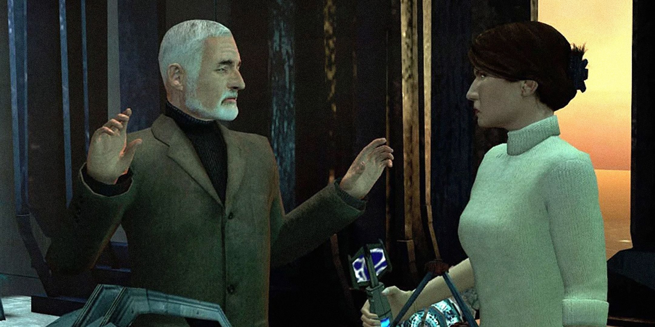 Dr Breen in Half-Life 2 putting his hands up as Judith Mossman threatens him.