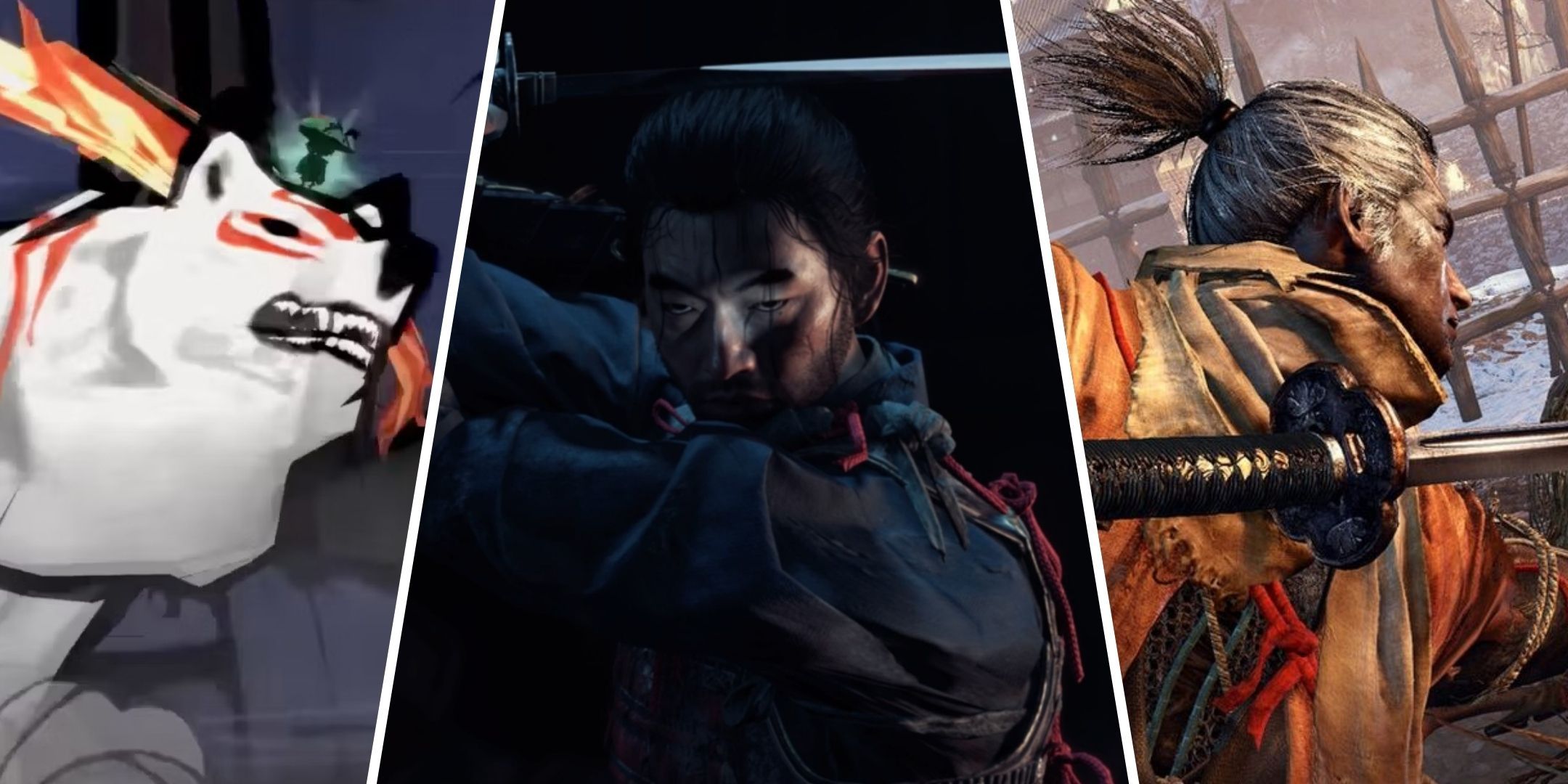 Amaterasu from Okami, Jin Sakai from Ghost of Tsushima, and Wolf from Sekiro: Shadows Die Twice