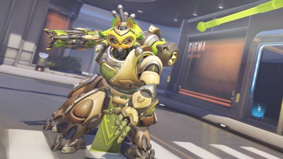 Overwatch 2 tier list: Orisa is throwing a green arrow.