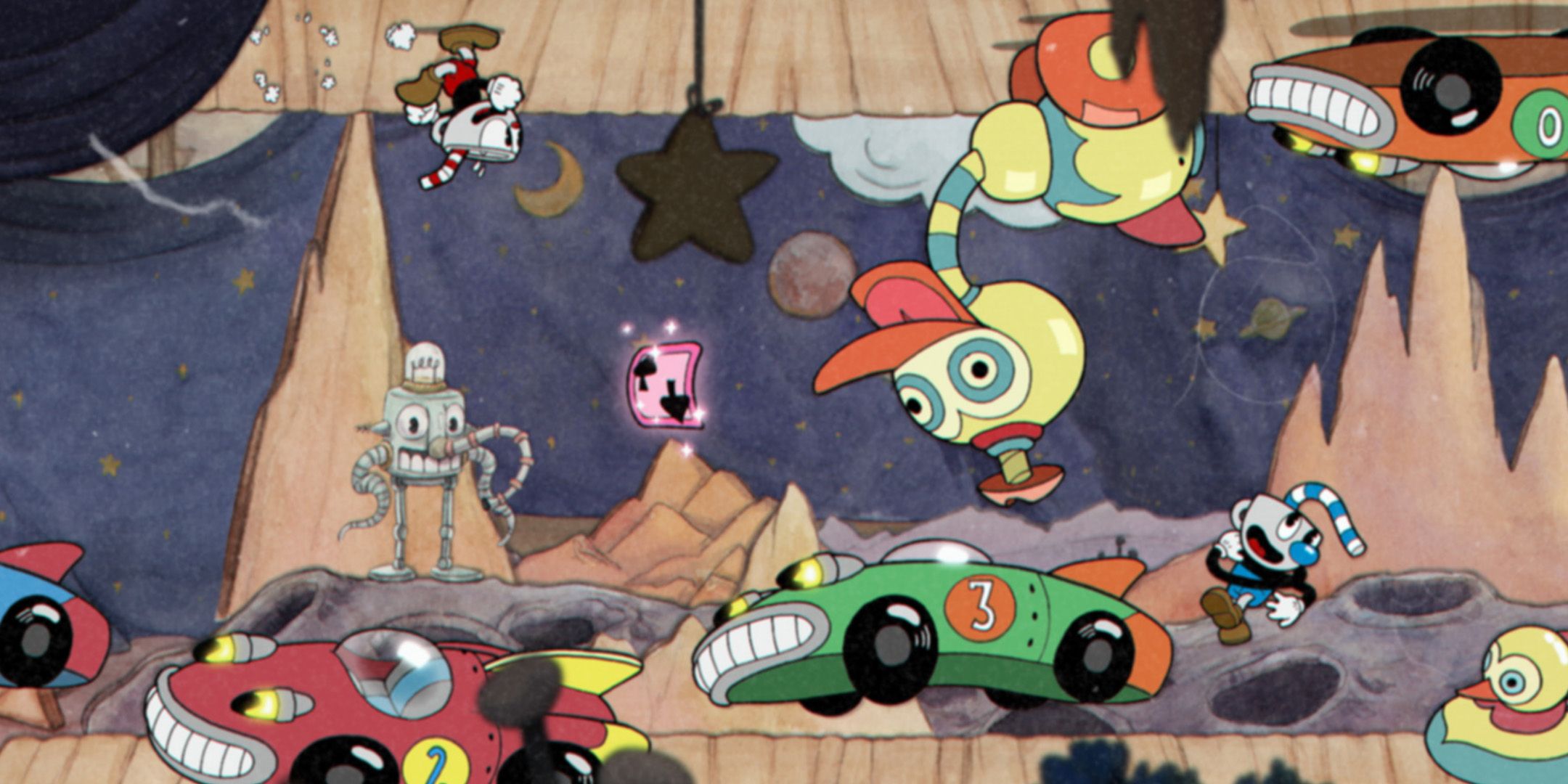 Cuphead runs on the ceiling while Mugman runs on the ground, both dodging toy ducks and cars.