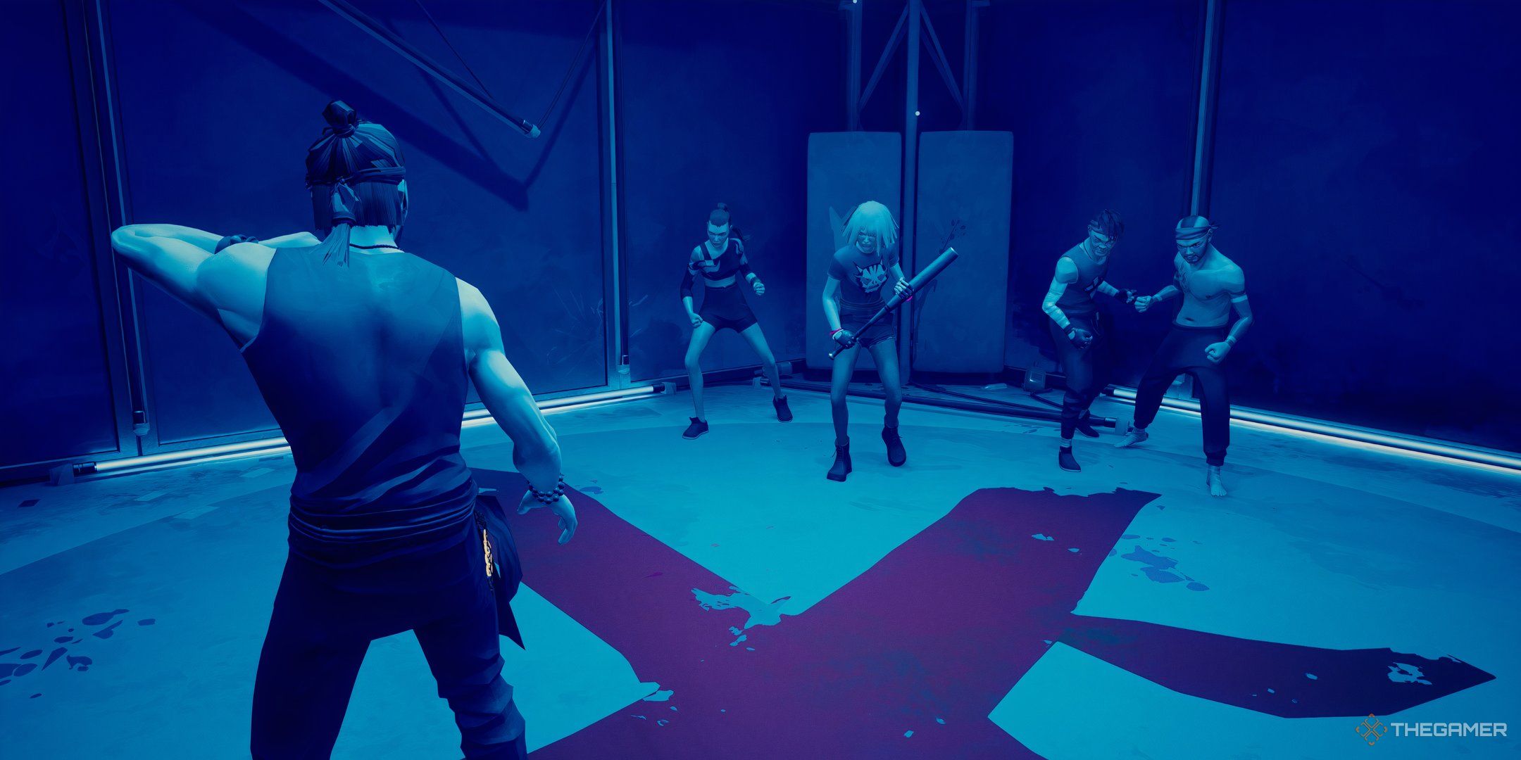 The player about to begin an all-out brawl in Sifu in blue-lit room.