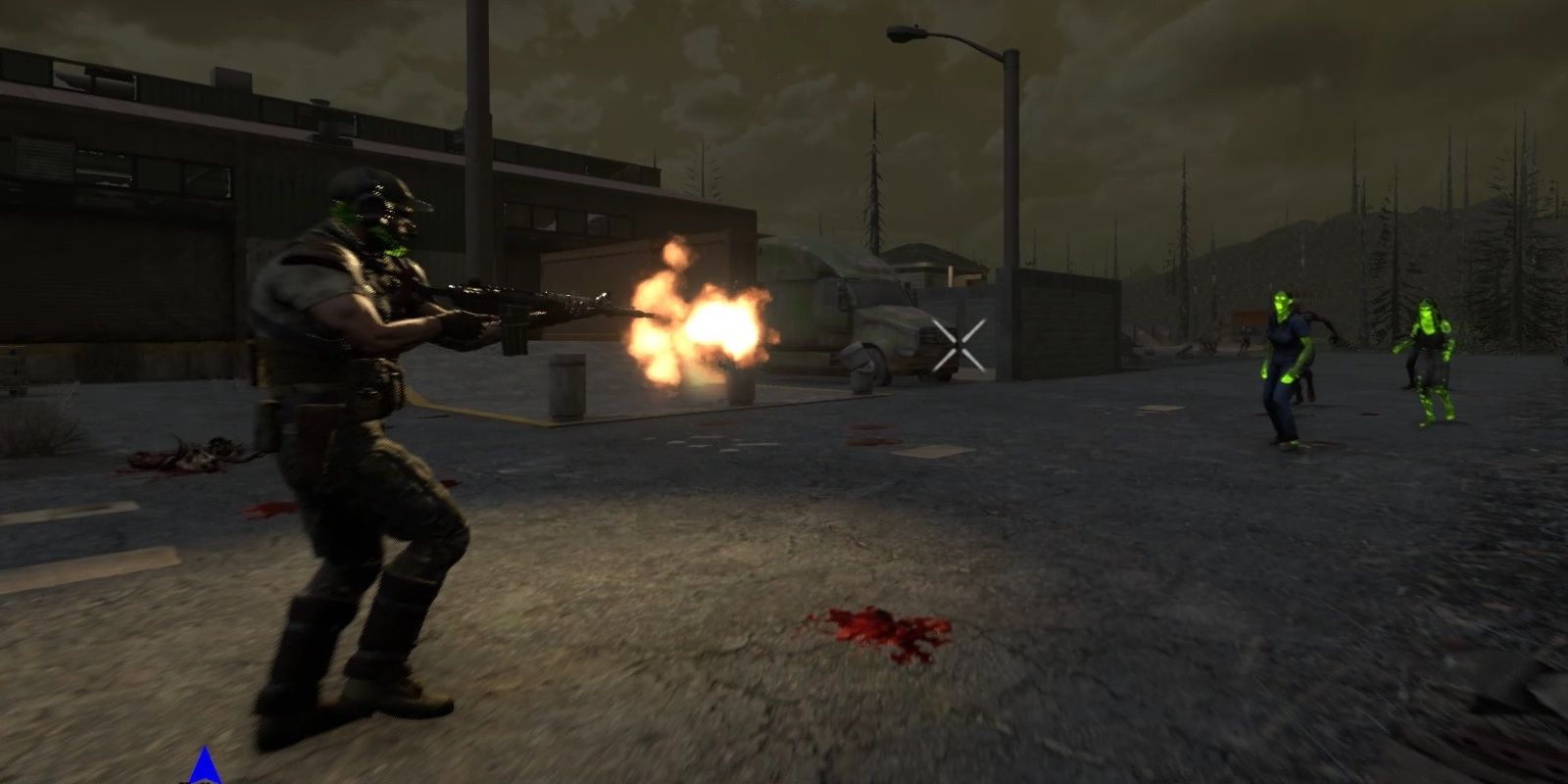 A man in full commando gear opens fire on two glowing zombies running towards him in 7 Days To Die.