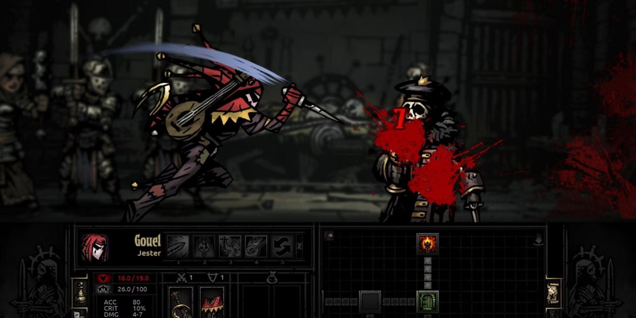 Jester stabbing an enemy in front of him in Darkest Dungeon.