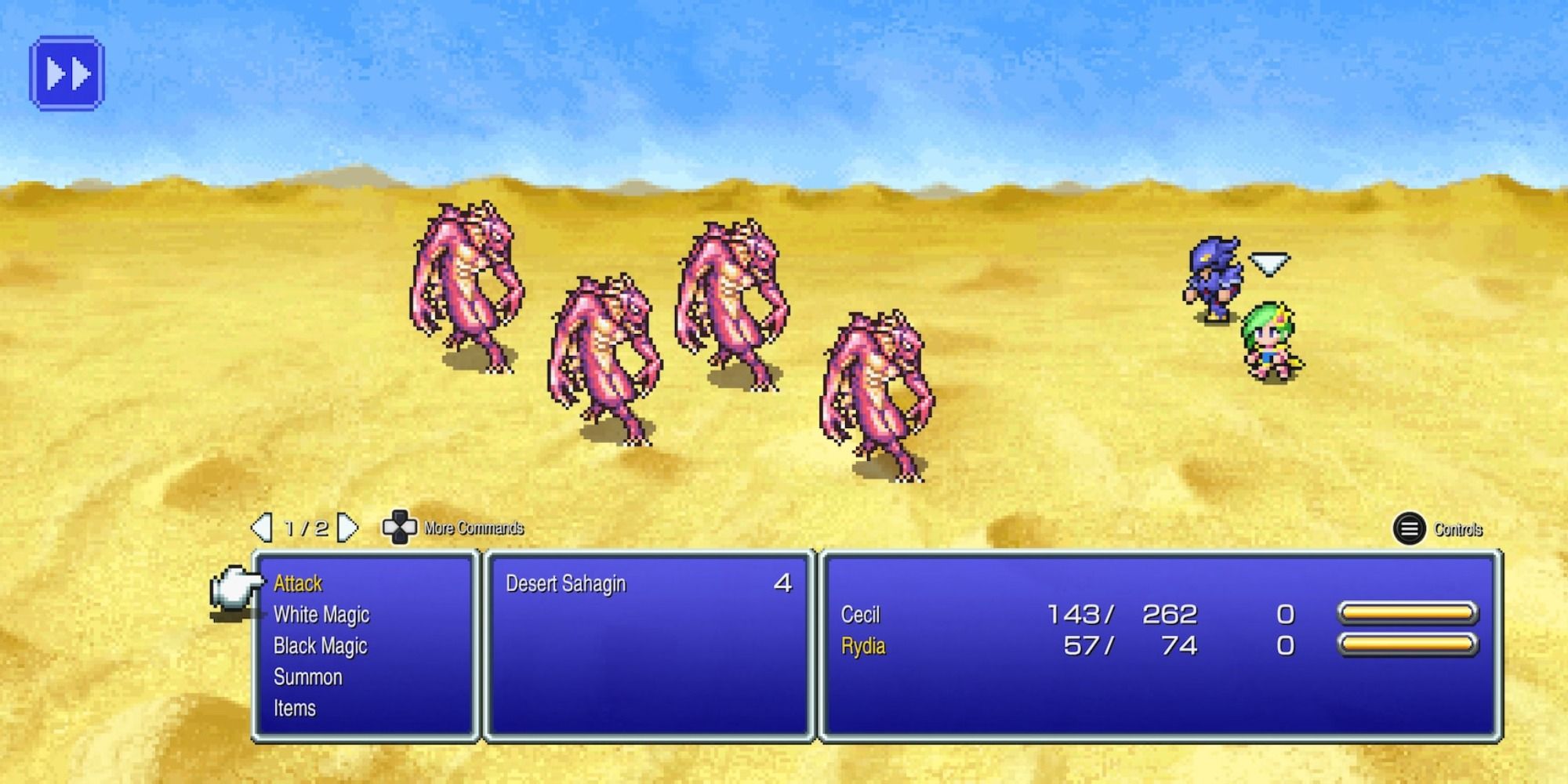 Final Fantasy 4 Pixel Remaster - Kaipo Desert Sahagin with Cecil and Rydia.