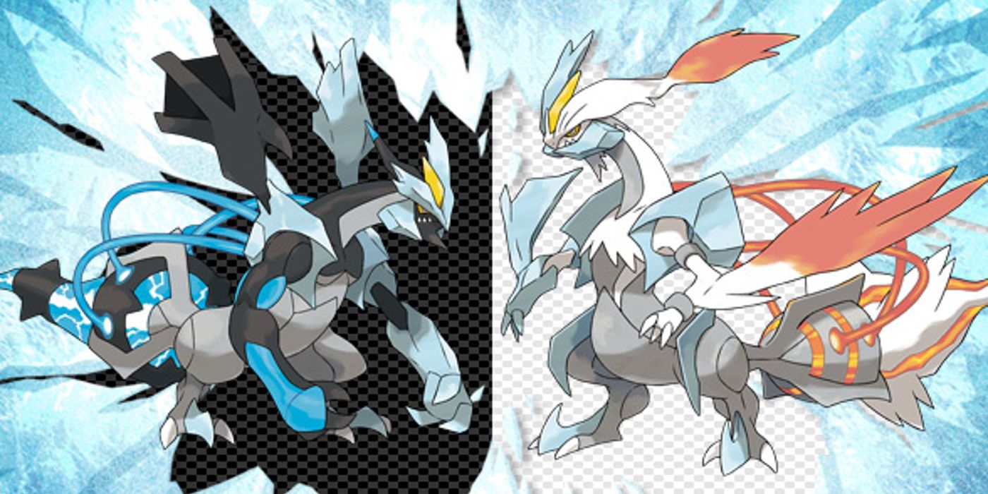 A Split Image of Black Kyurem & White Kyurem facing each other.