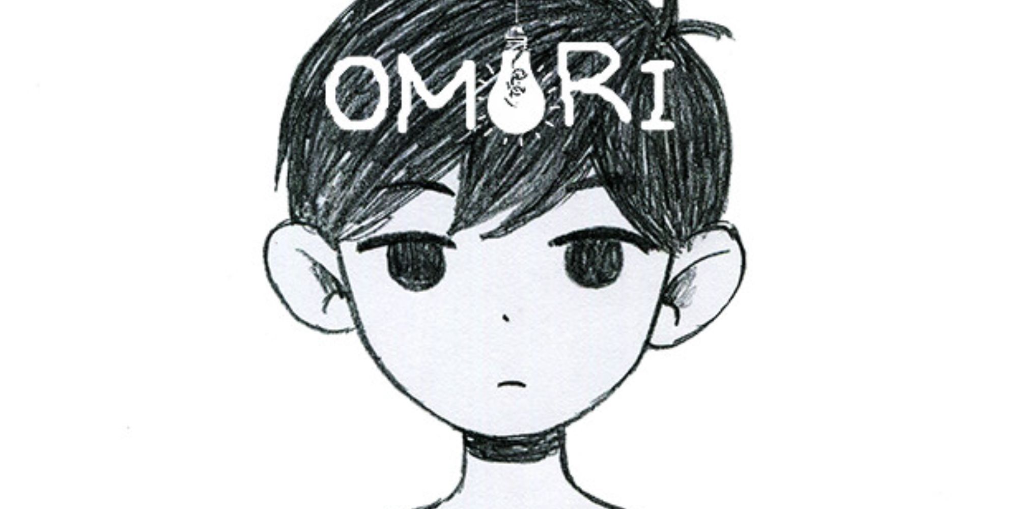 Closeup of the protagonist of Omori, with the game's logo superimposed over his hair.