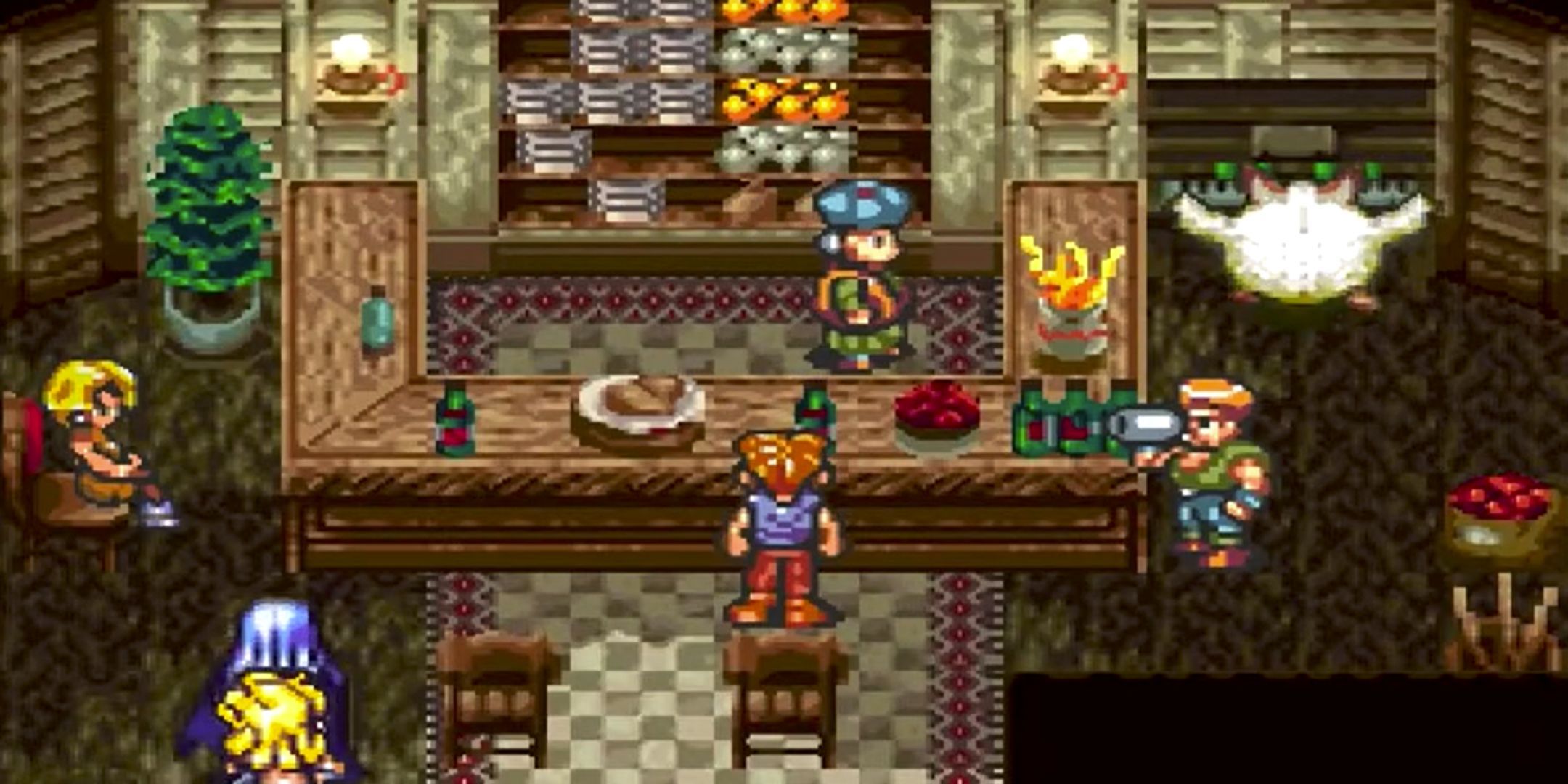 The interior of a shop in Chrono Trigger, whoing a player near the counter. 