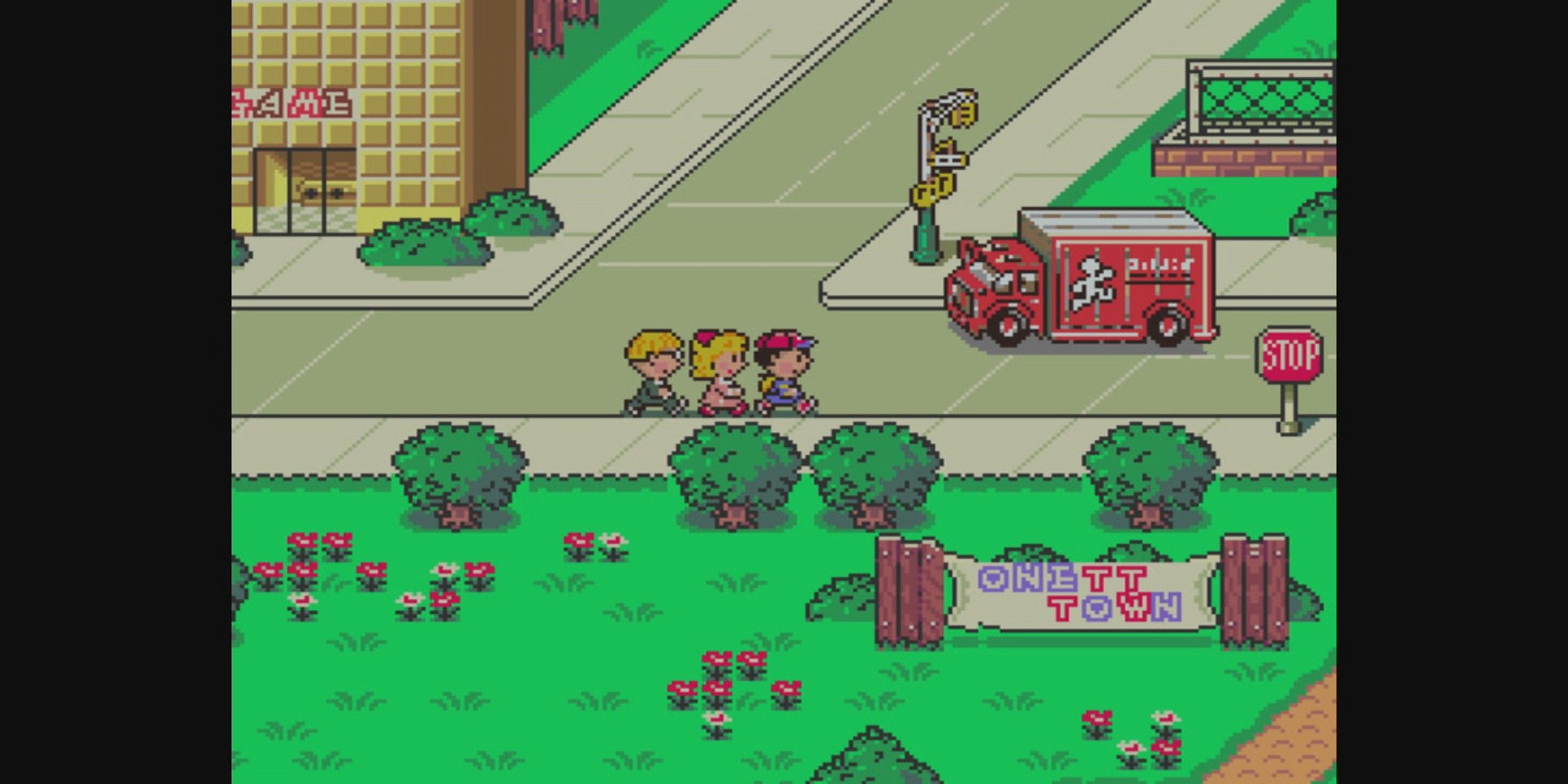 Party of Earthbound exploring the streets of Onett, a firetruck is going by.