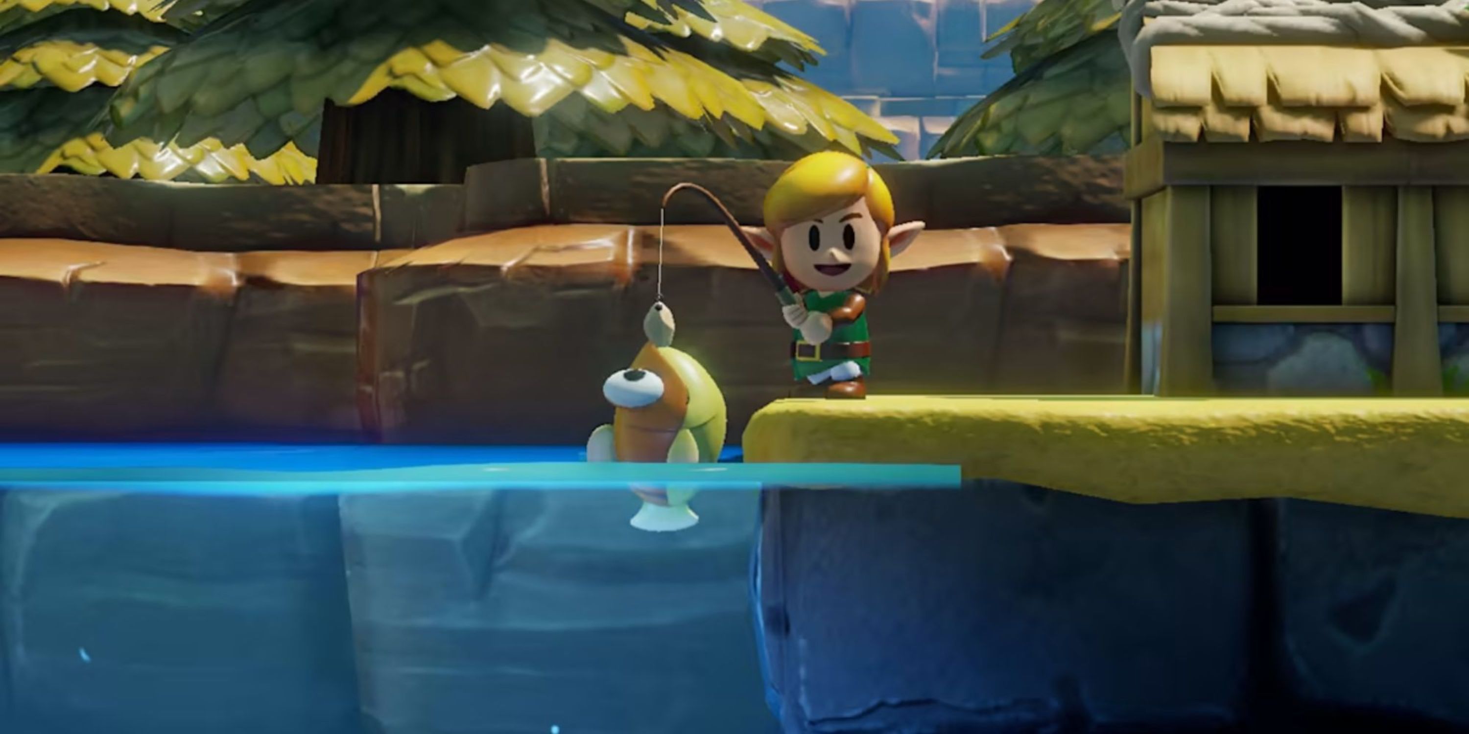 Link smiles while holding a fish above a pond.