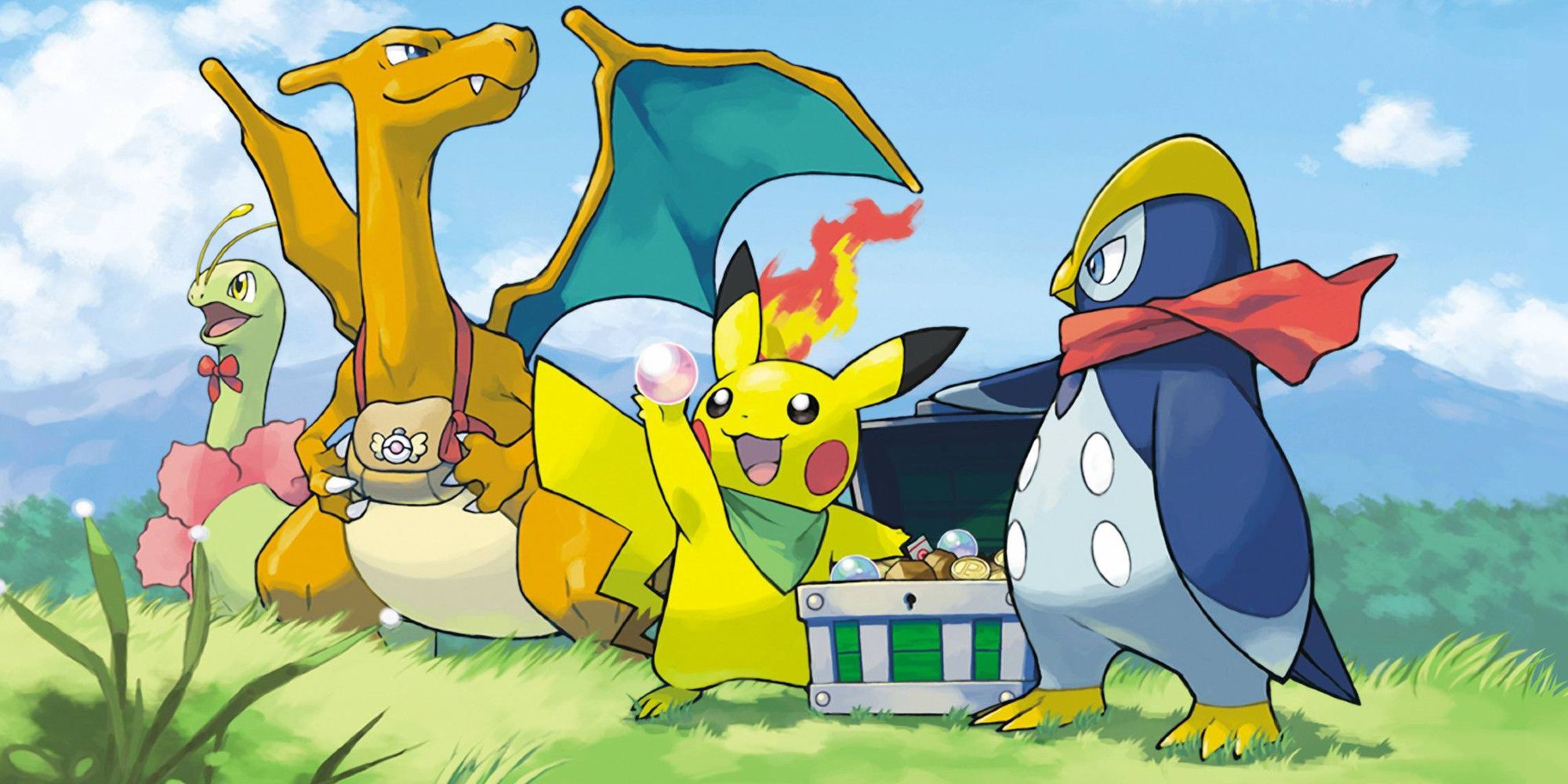 Meganium, Charizard, Pikachu, and Prinplup stand around a chest in Pokemon Mystery Dungeon: Explorers of Sky.