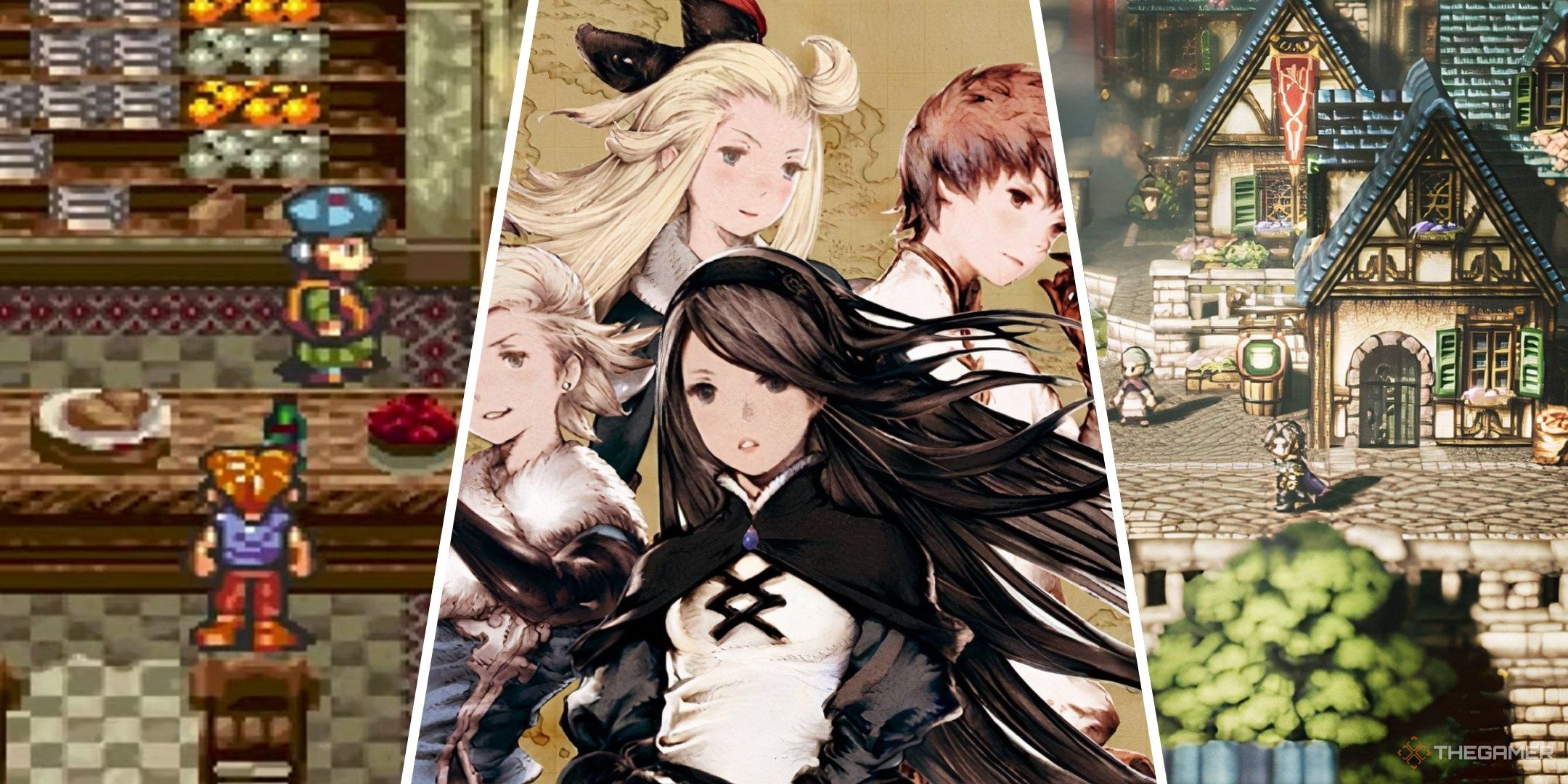 Collage with Chrono Trigger, Bravely Default, and Octopath Traveler.